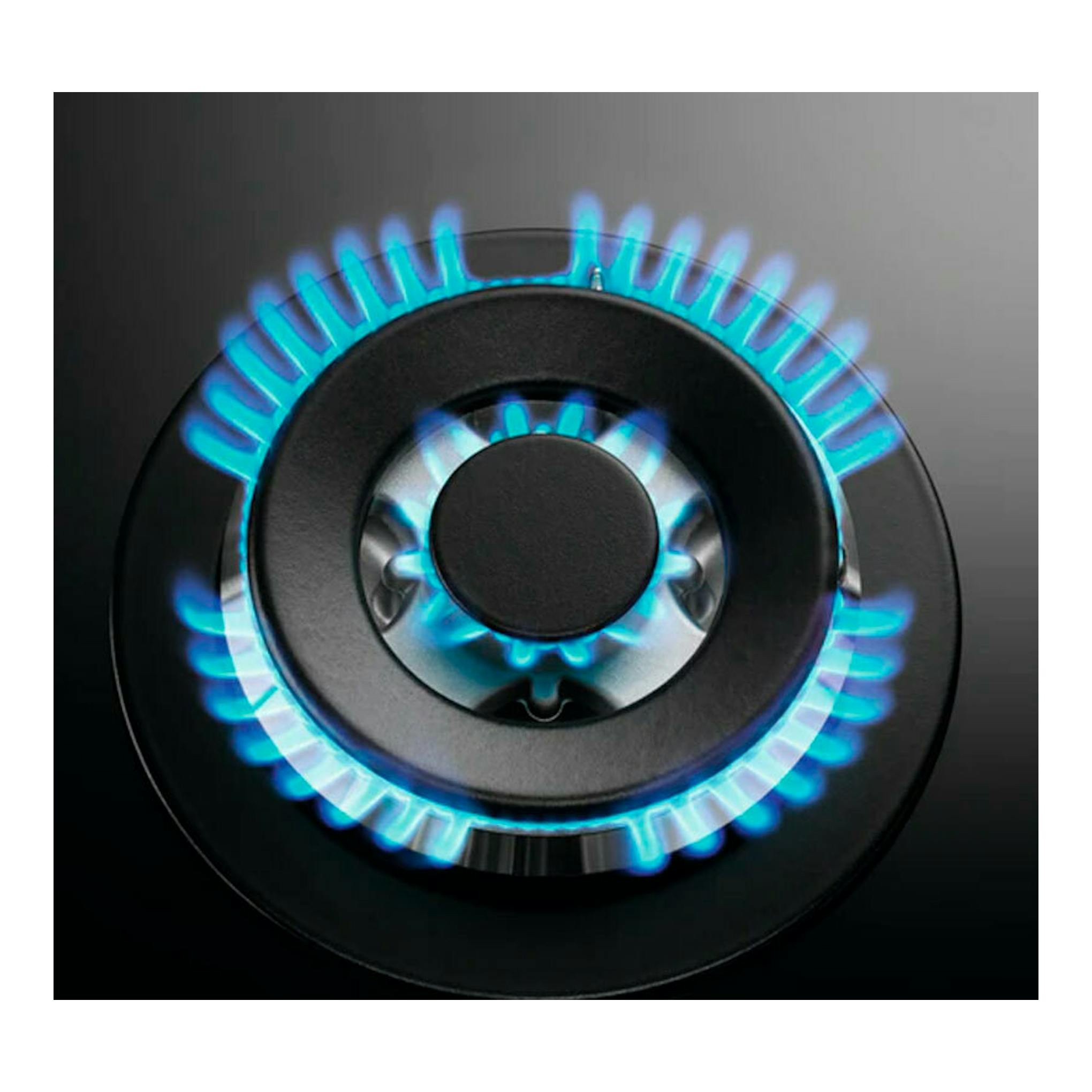 Placa de gas AEG HKB63320NB, vista cenital de un quemador encendido sobre cristal negro.
