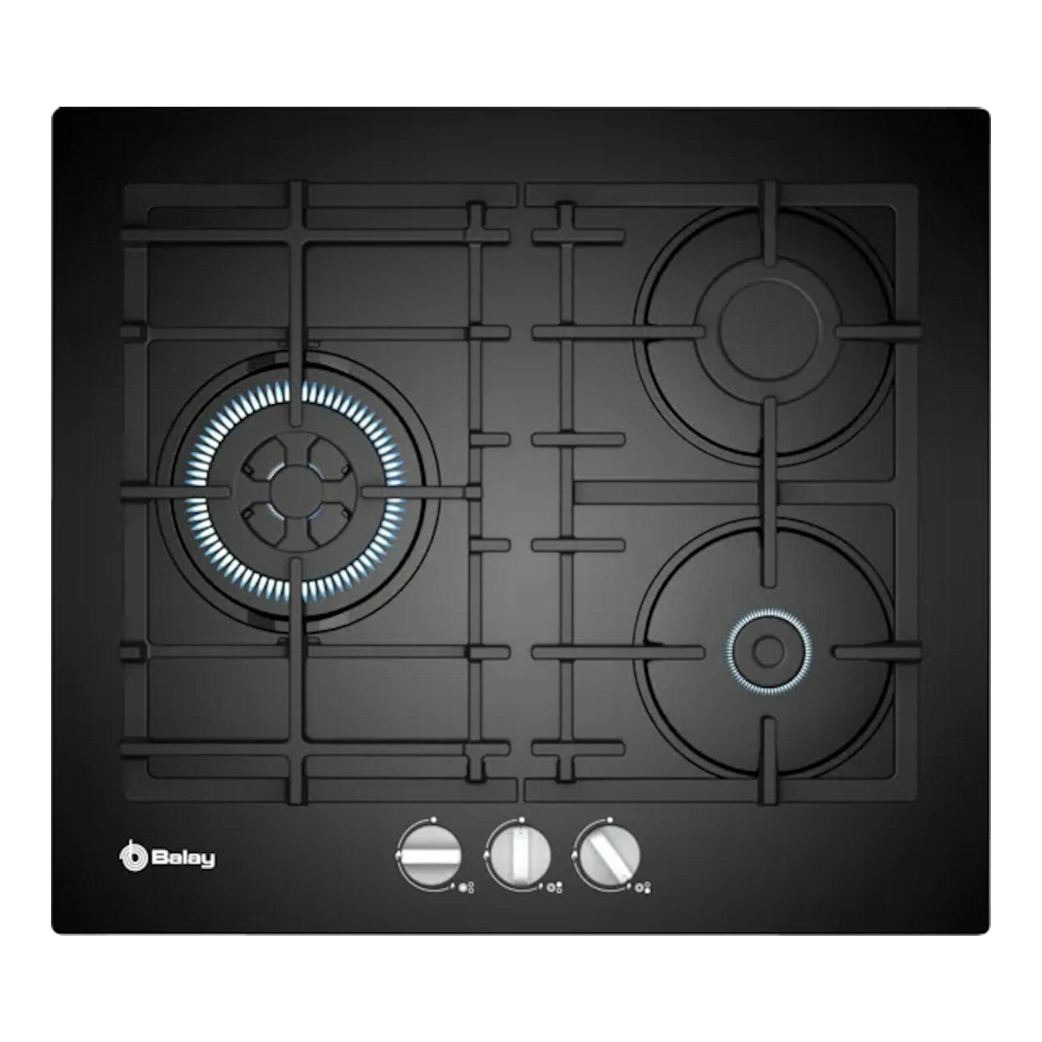 Placa de gas Balay 3ETG563HB negra, vista cenital, con 3 zonas y quemador wok a la izquierda.