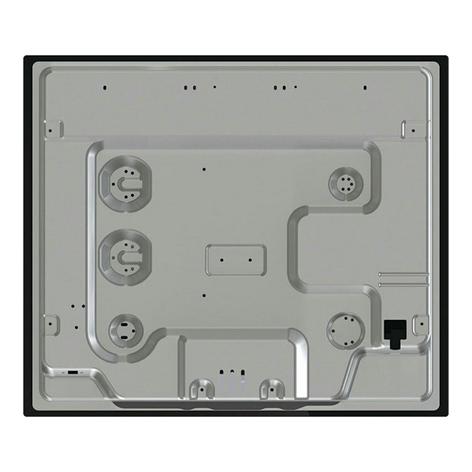 Base inferior de placa de gas Hisense GG633B, vista trasera, con carcasa metálica plateada y marco negro.