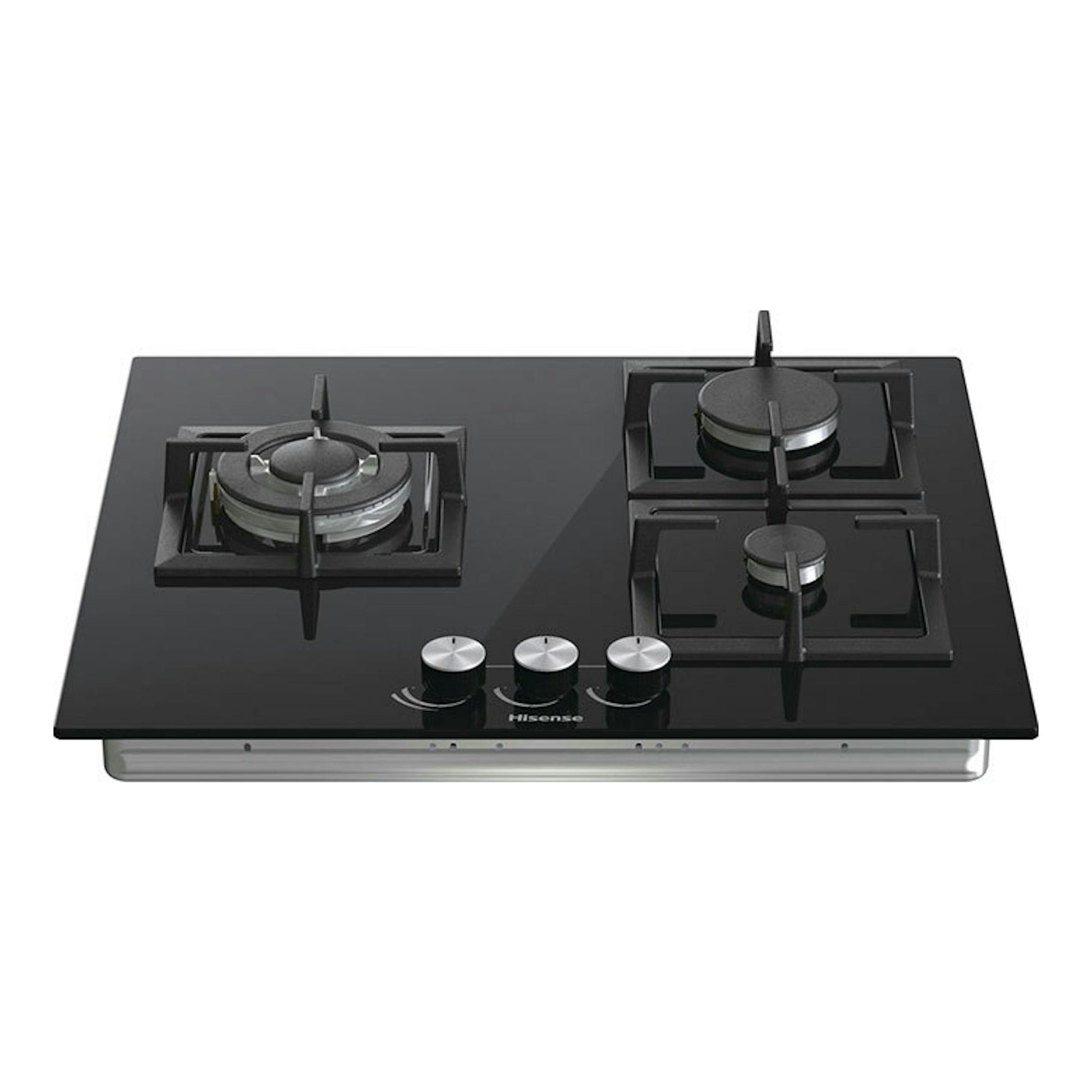 Placa de gas Hisense GG633B negra de 60 cm, vista frontal en ángulo, con tres quemadores y tres mandos.