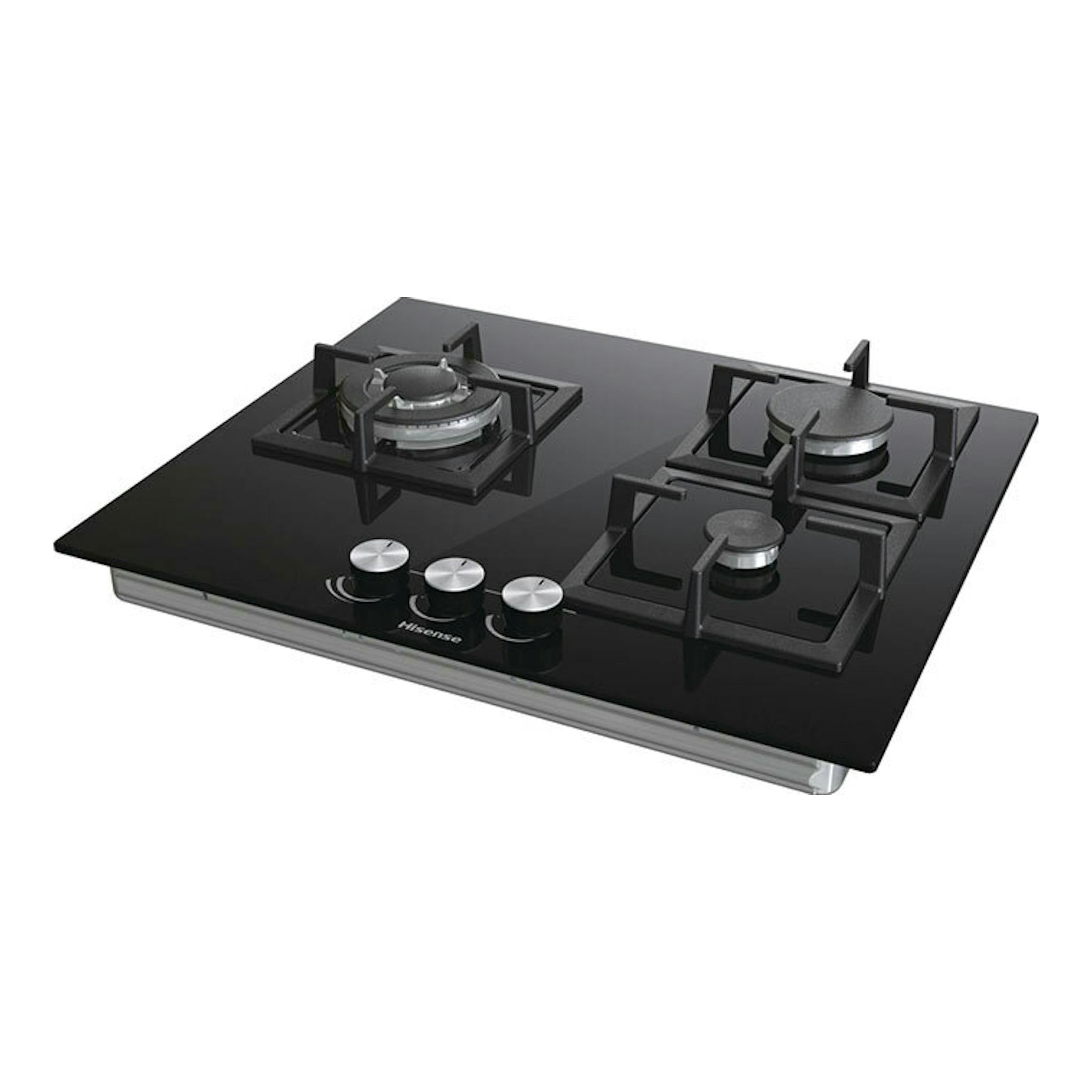 Placa de gas Hisense GG633B negra, vista en perspectiva, con tres quemadores y mandos frontales.