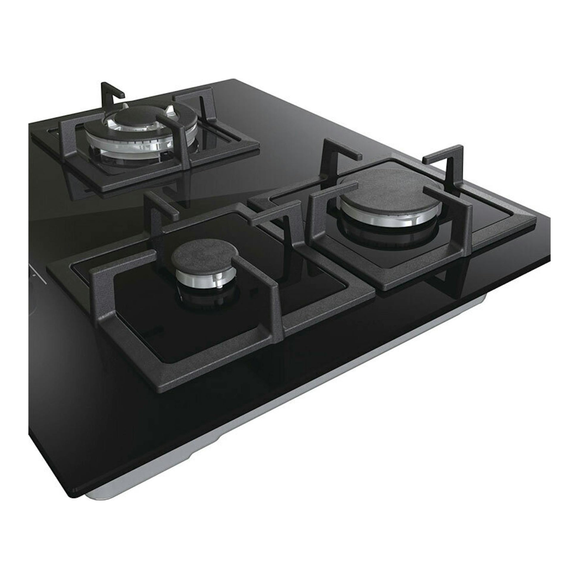Placa de gas Hisense GG633B negra, vista en perspectiva, con tres quemadores sobre cristal negro.