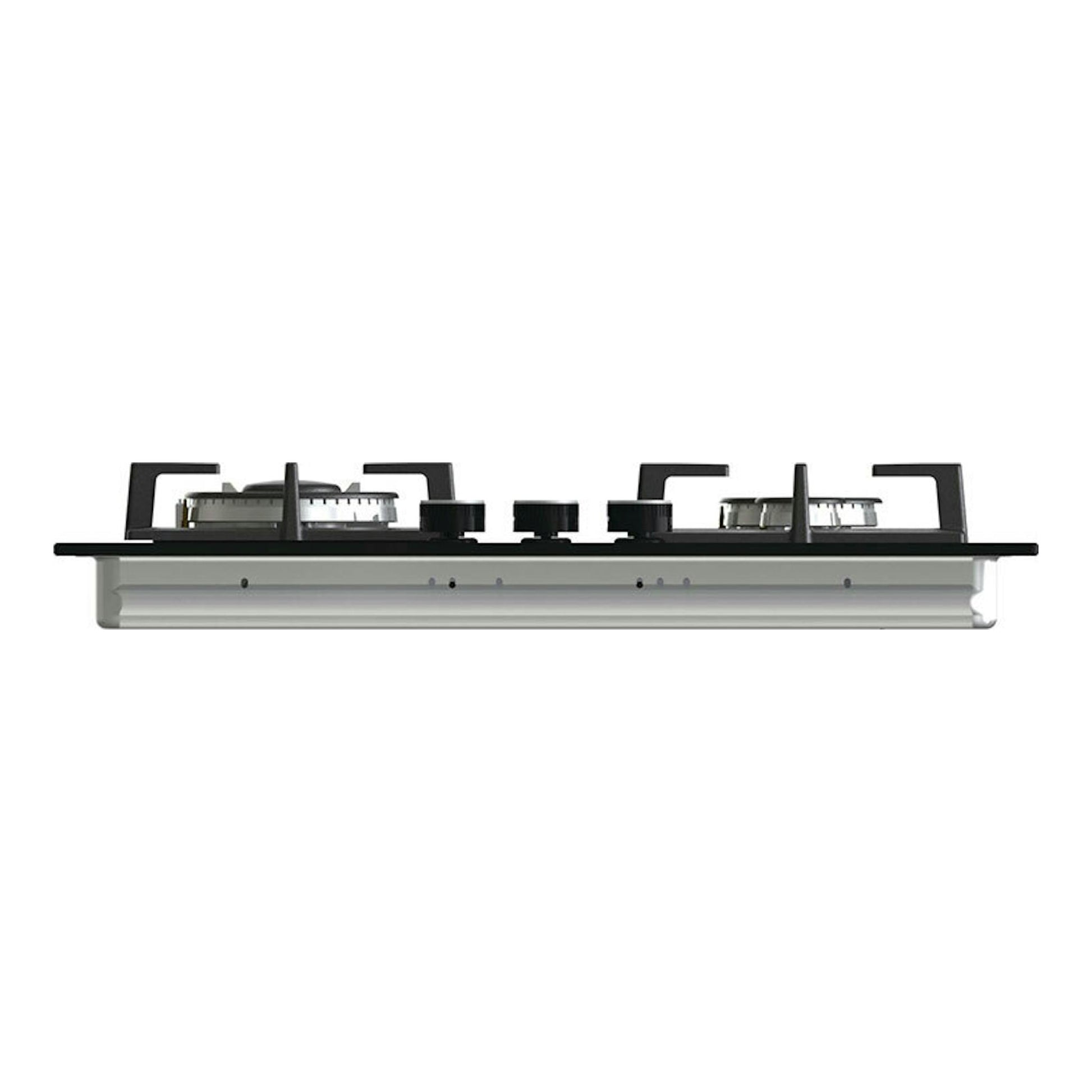 Placa de gas Hisense GG633B de 60 cm, vista lateral, negra, con cuatro quemadores y rejillas.