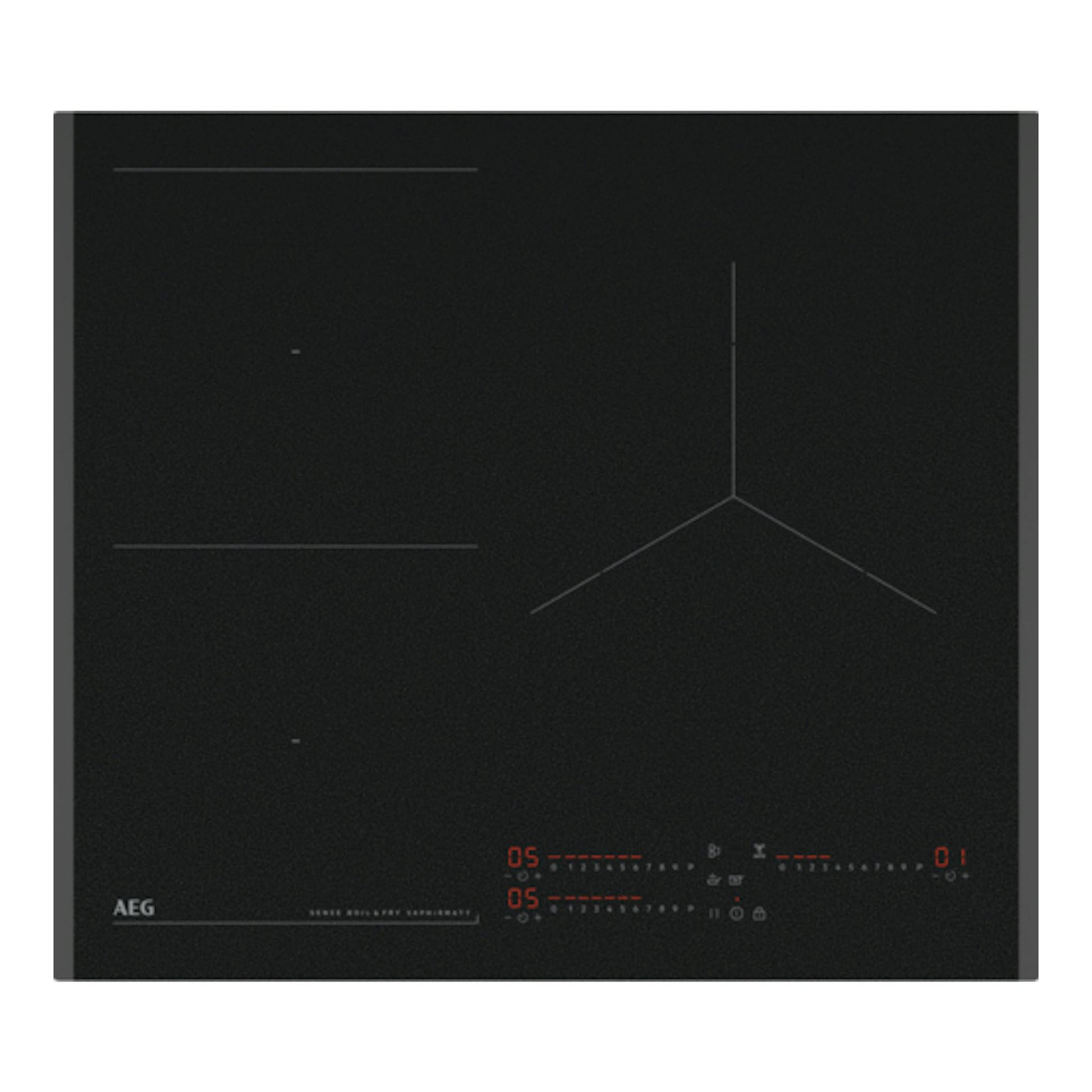 Placa de inducción AEG TI63IQ30FZ negra, vista superior, con 3 zonas y borde biselado.
