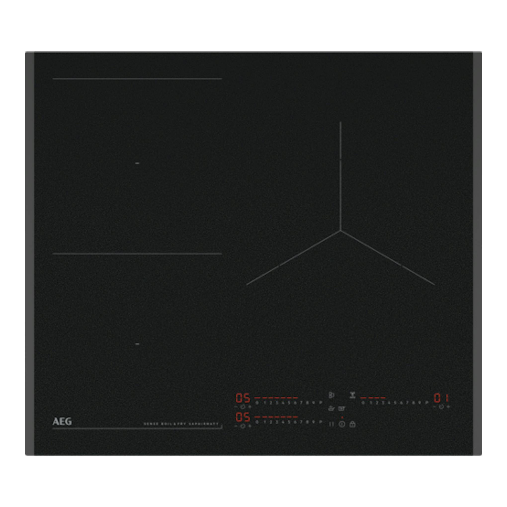 Placa de inducción AEG TI63IQ30FZ negra, vista superior, con 3 zonas y borde biselado.