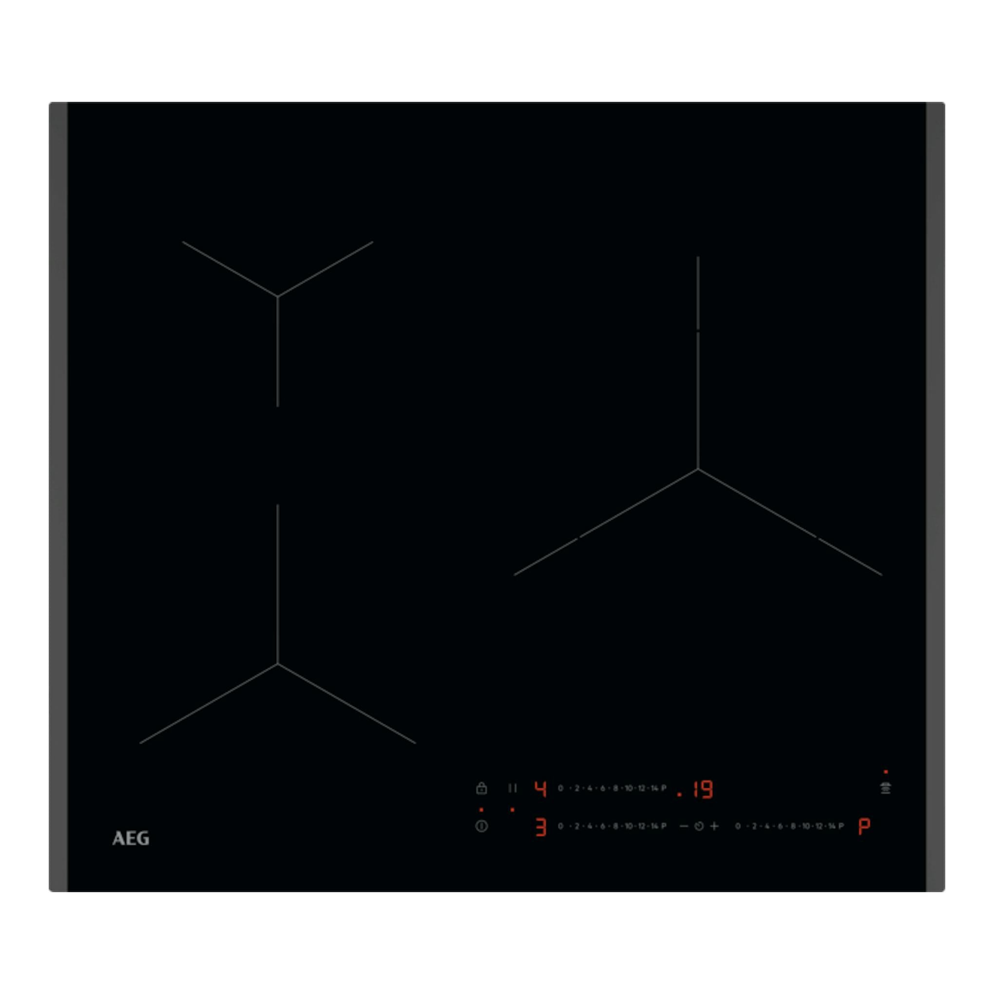 Placa de inducción AEG TO63IV0FFB negra, vista superior, con 3 zonas y panel táctil en la parte inferior.