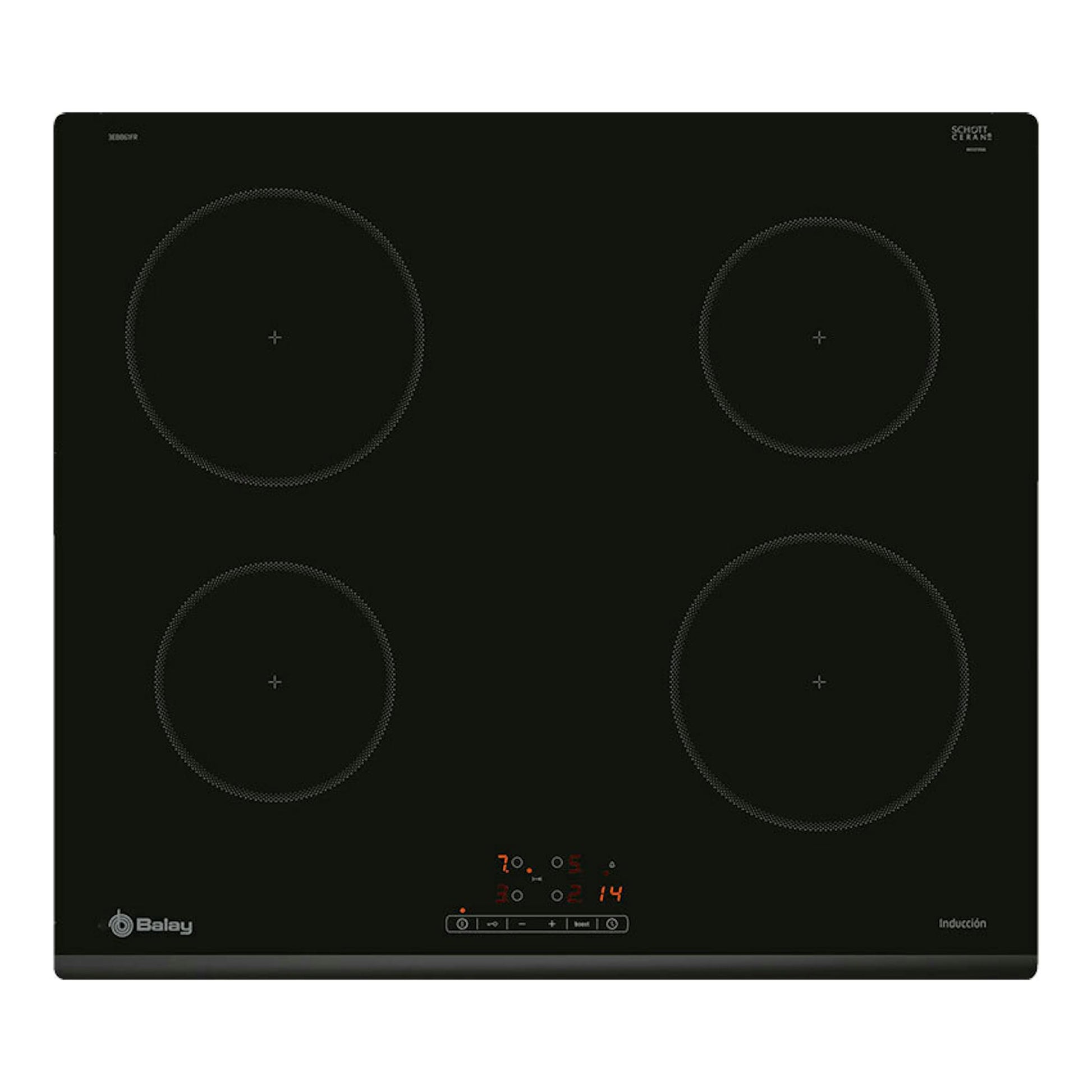 Placa de inducción Balay 3EB861FR negra, vista frontal, con cuatro zonas de cocción.