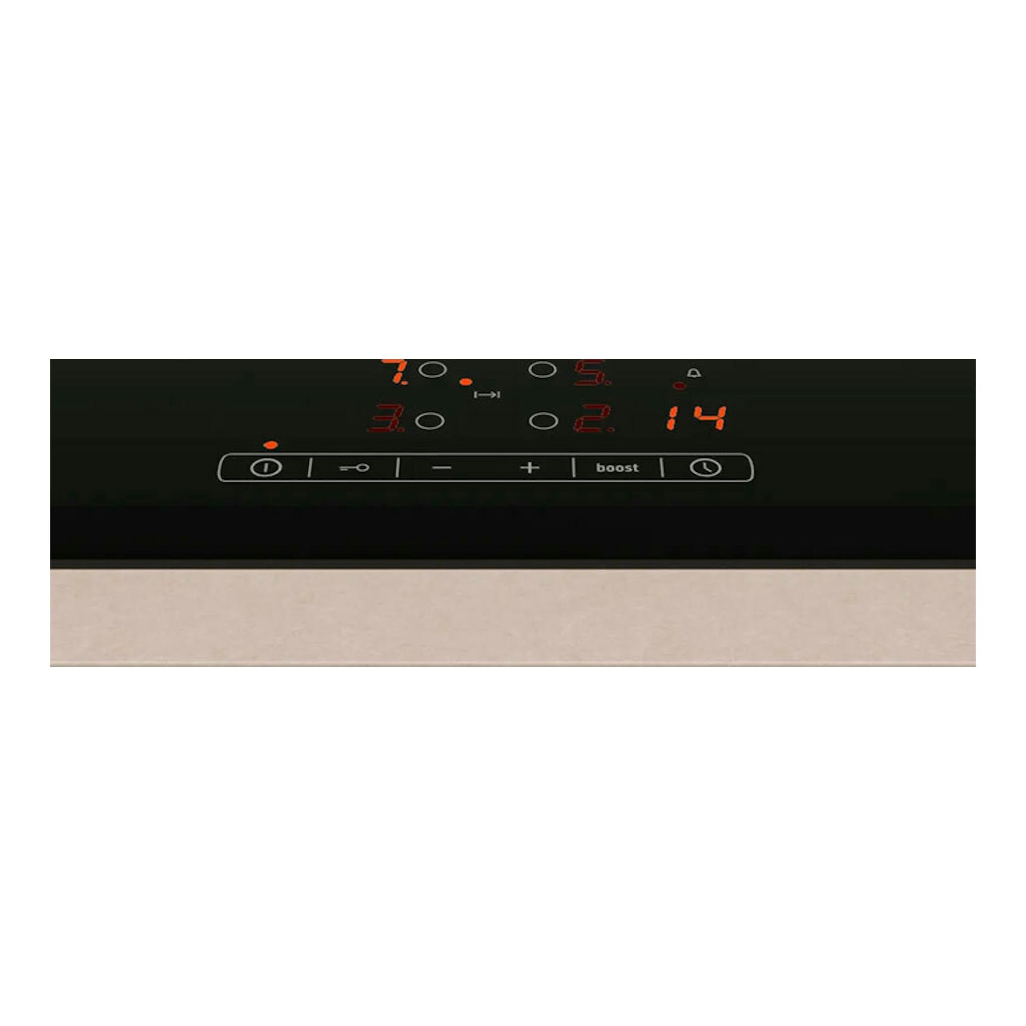 Placa de inducción Balay 3EB861FR negra, vista frontal, con controles táctiles y display iluminado.