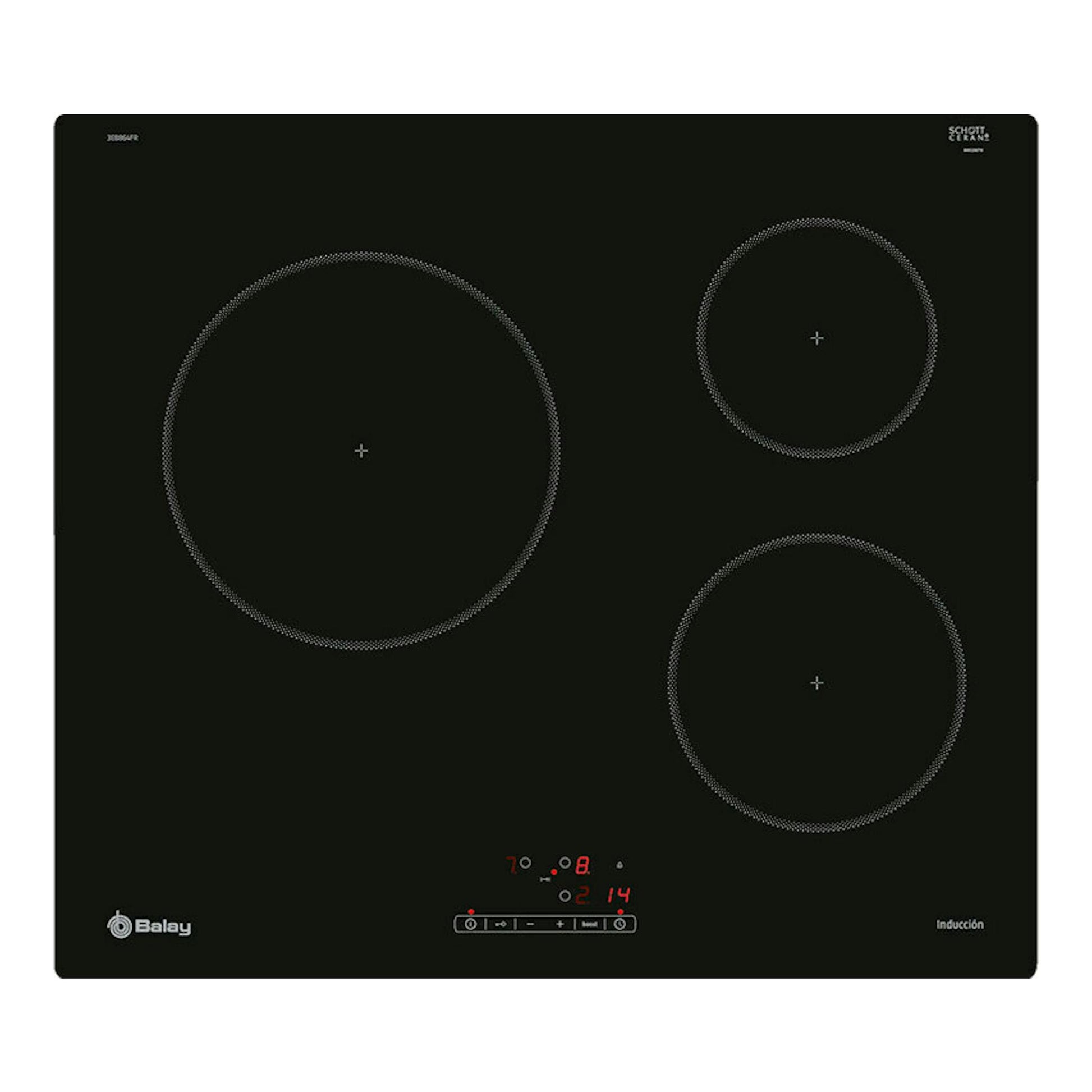 Placa de inducción Balay 3EB864FR negra, vista frontal, con tres zonas de cocción circulares.