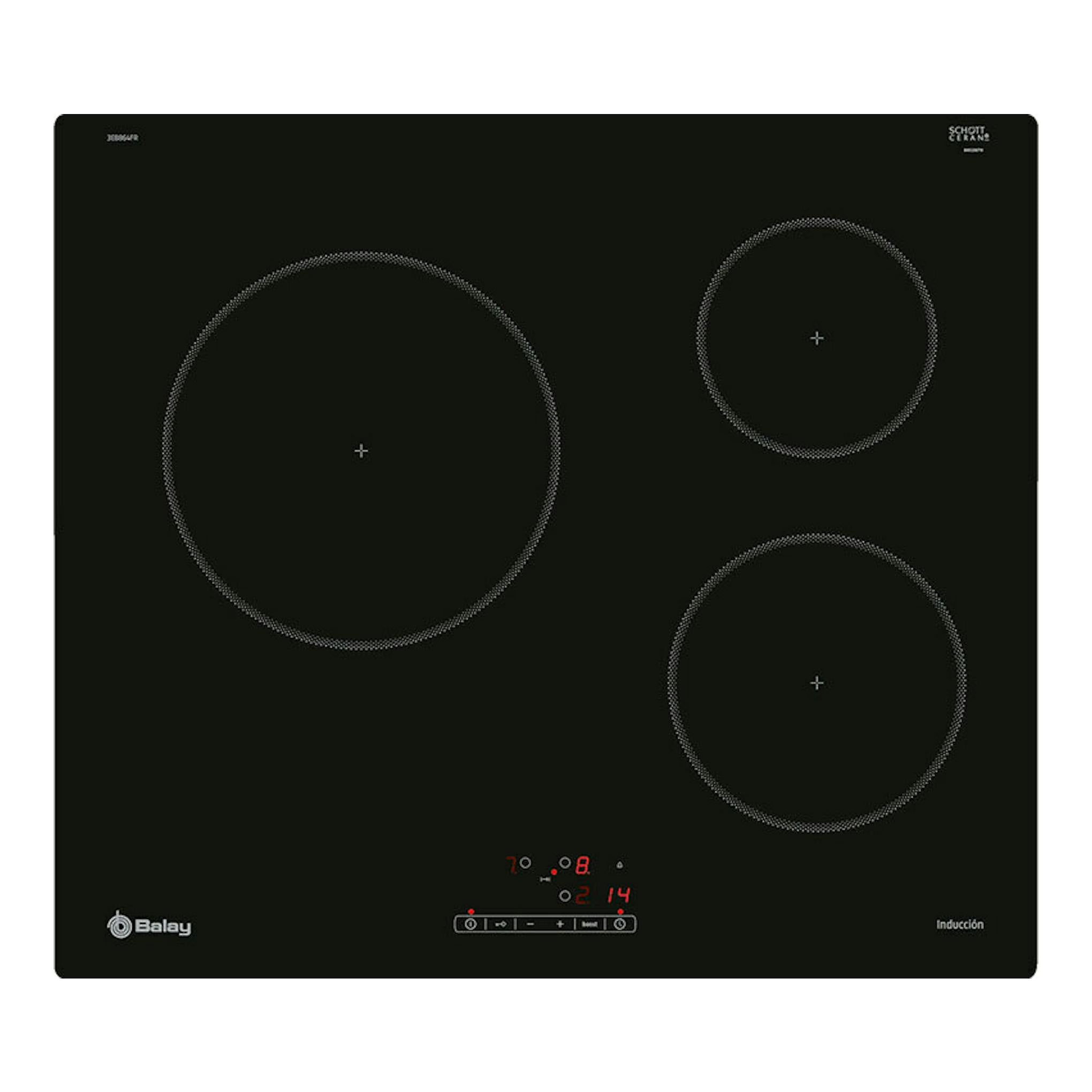 Placa de inducción Balay 3EB864FR negra, vista frontal, con tres zonas de cocción circulares.