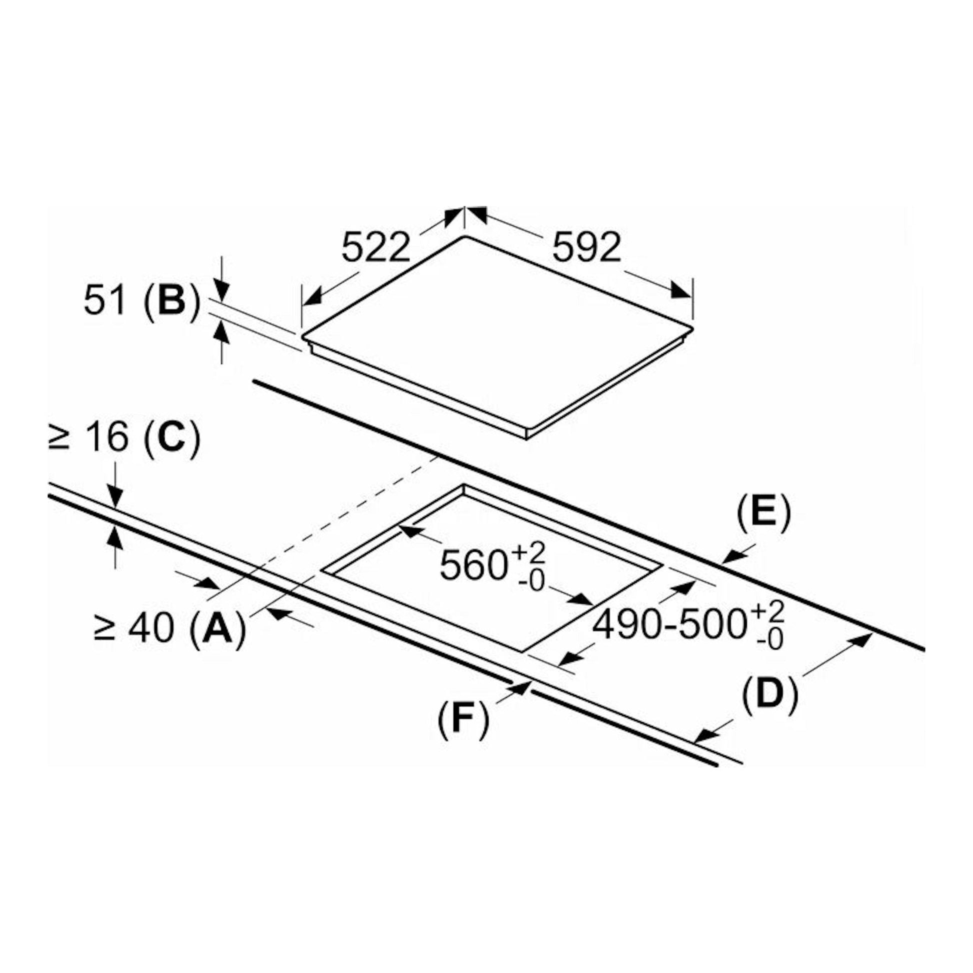 Esquema técnico en blanco y negro de la placa de inducción Balay 3EB864FR 60 cm con medidas de instalación.