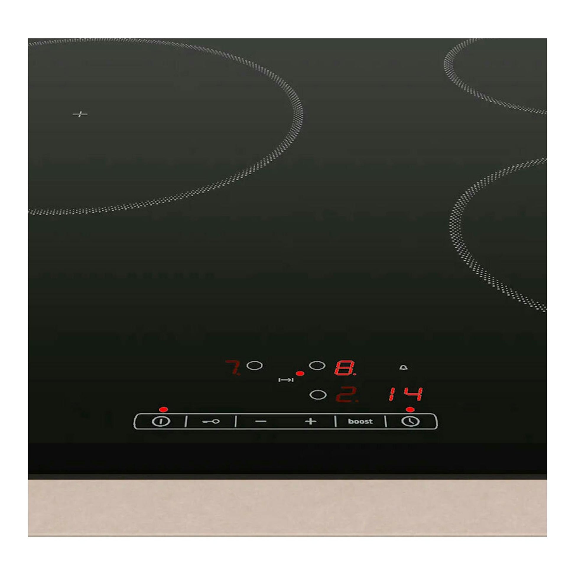 Placa de inducción Balay 3EB864FR negra de 60 cm, vista frontal, con mandos táctiles y zonas de cocción marcadas.