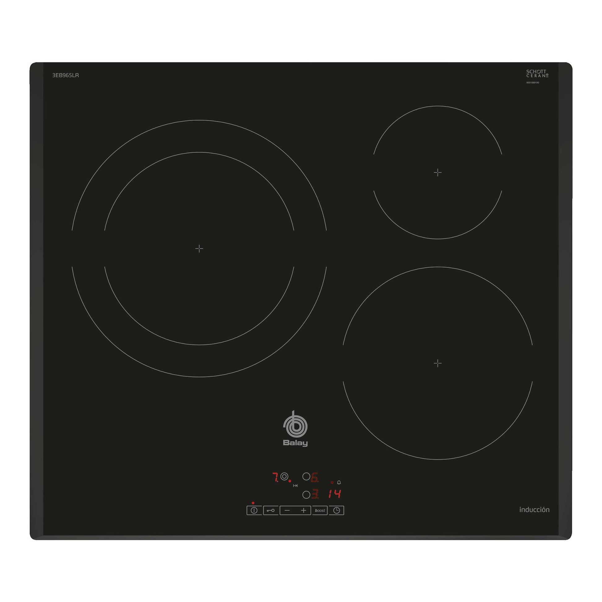 Placa de inducción Balay 3EB965LR negra, vista superior, con 3 zonas y controles táctiles.