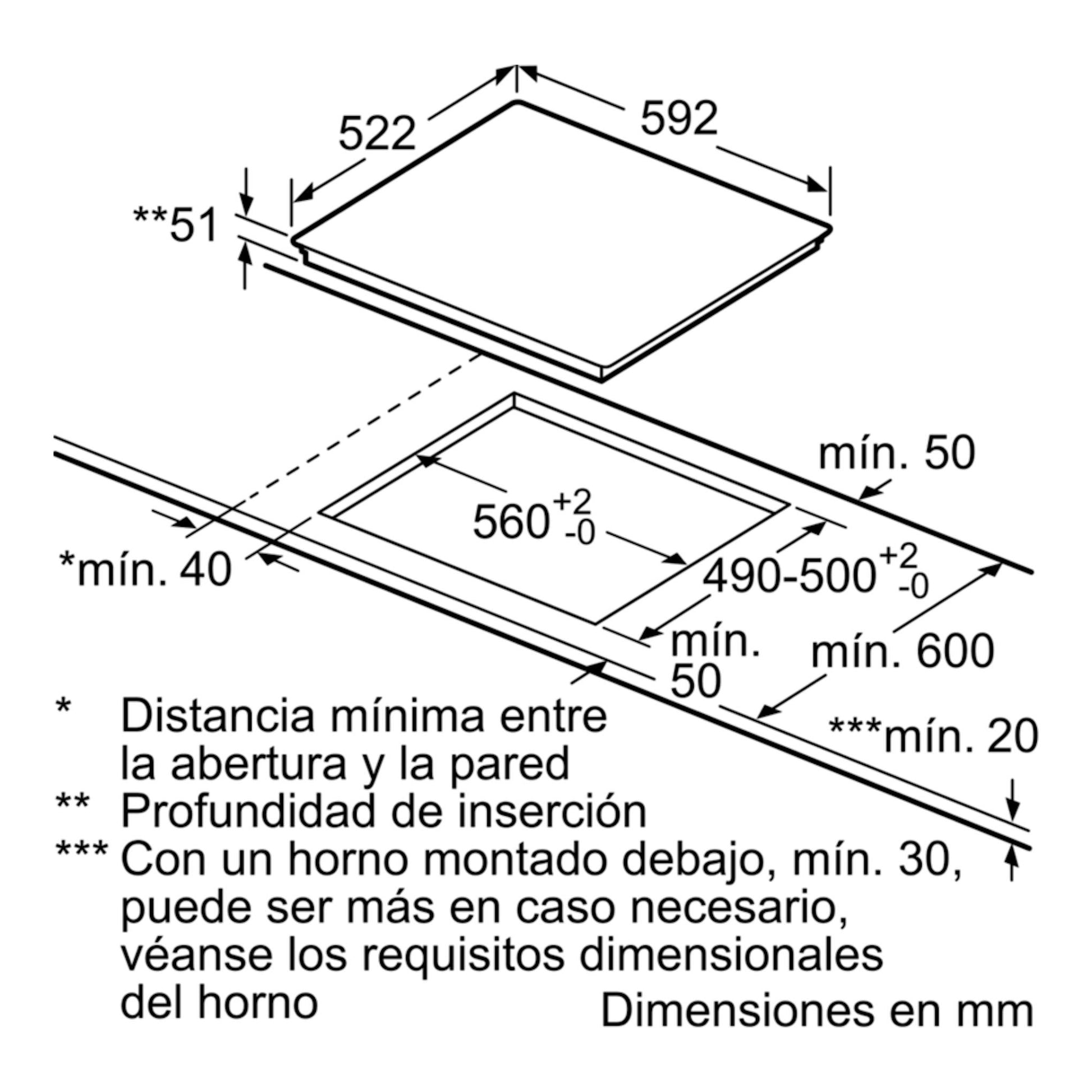 Esquema de instalación de placa de inducción Balay 3EB965LR, vista en perspectiva, con medidas en mm.