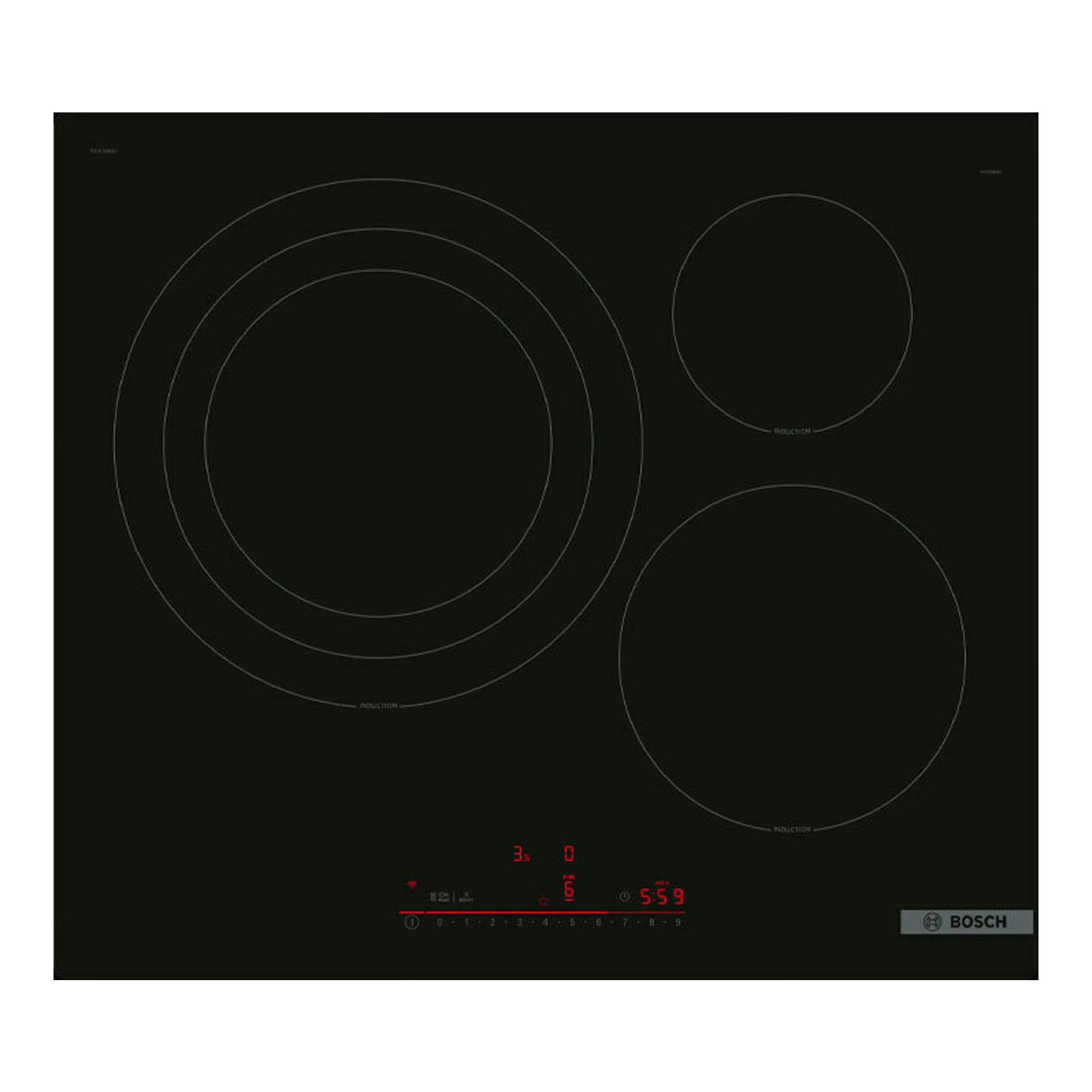 Placa de inducción Bosch PID61RHB1E negra, vista cenital, con 4 zonas circulares y panel táctil digital.