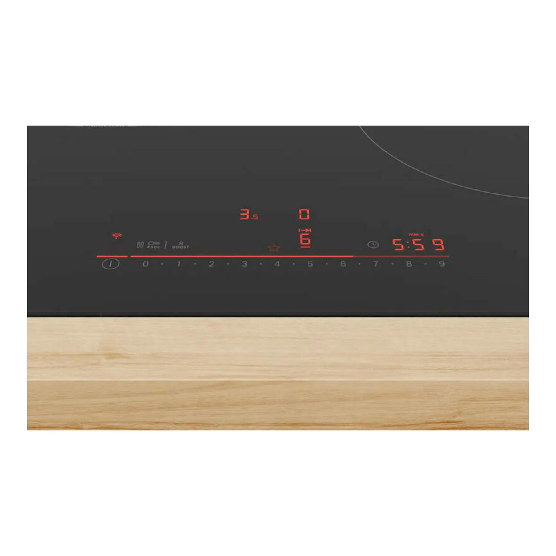 Placa de inducción Bosch PID61RHB1E negra, vista cenital, con controles táctiles rojos y encimera de madera.