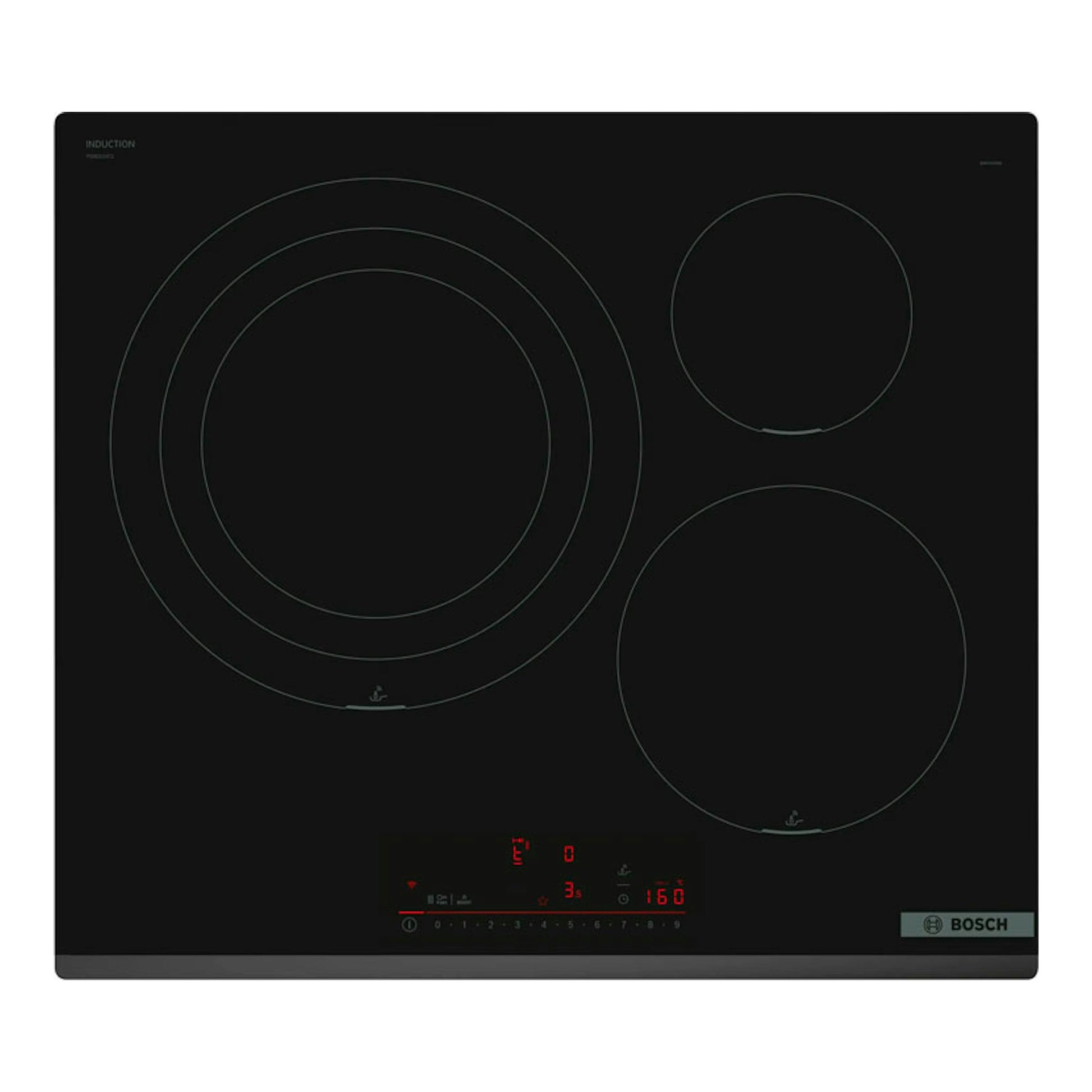 Placa de inducción Bosch PID631HC1E, vista superior, negra, con tres zonas circulares y panel táctil.