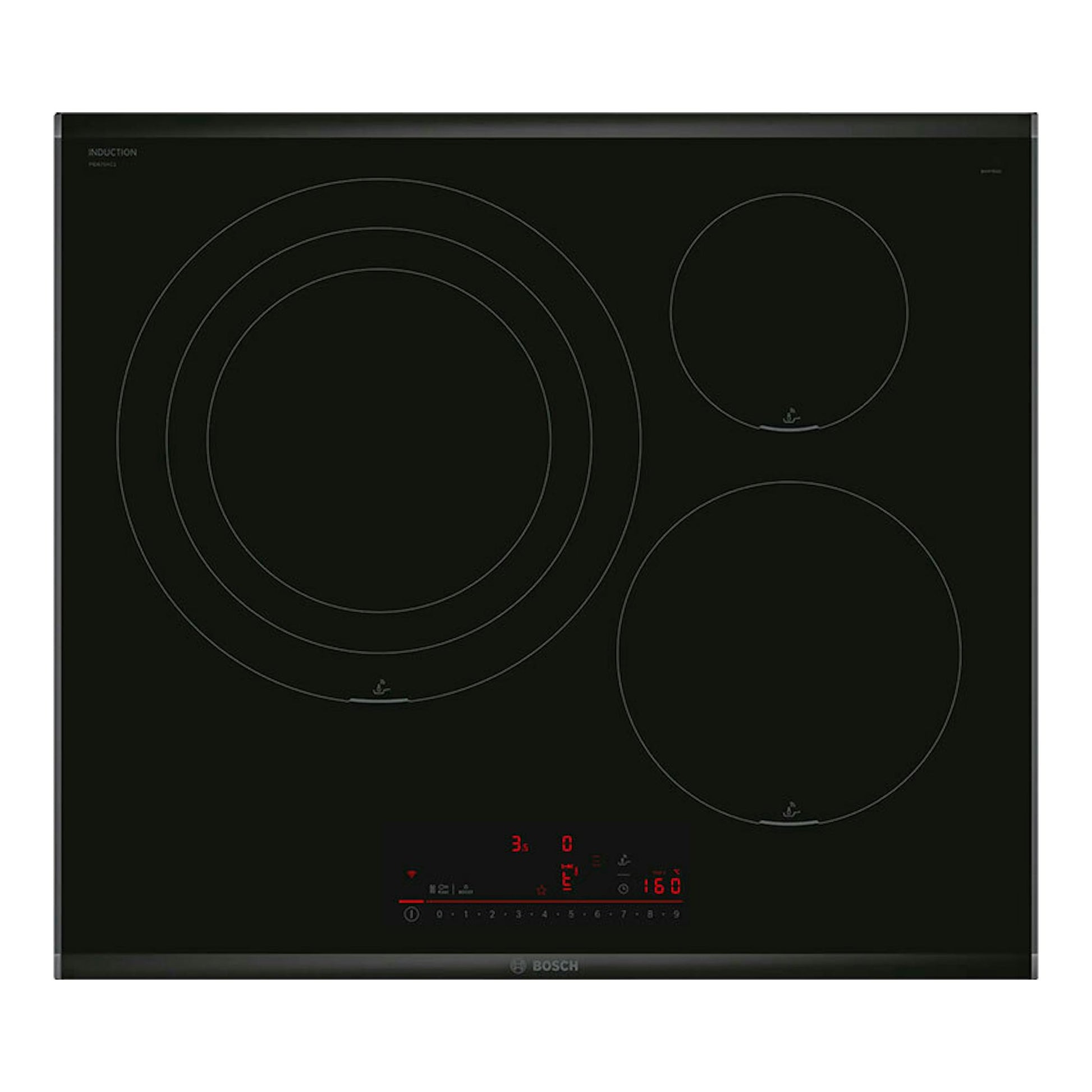 Placa de inducción Bosch PID675HC1E negra, vista frontal, con tres zonas de cocción y controles táctiles.