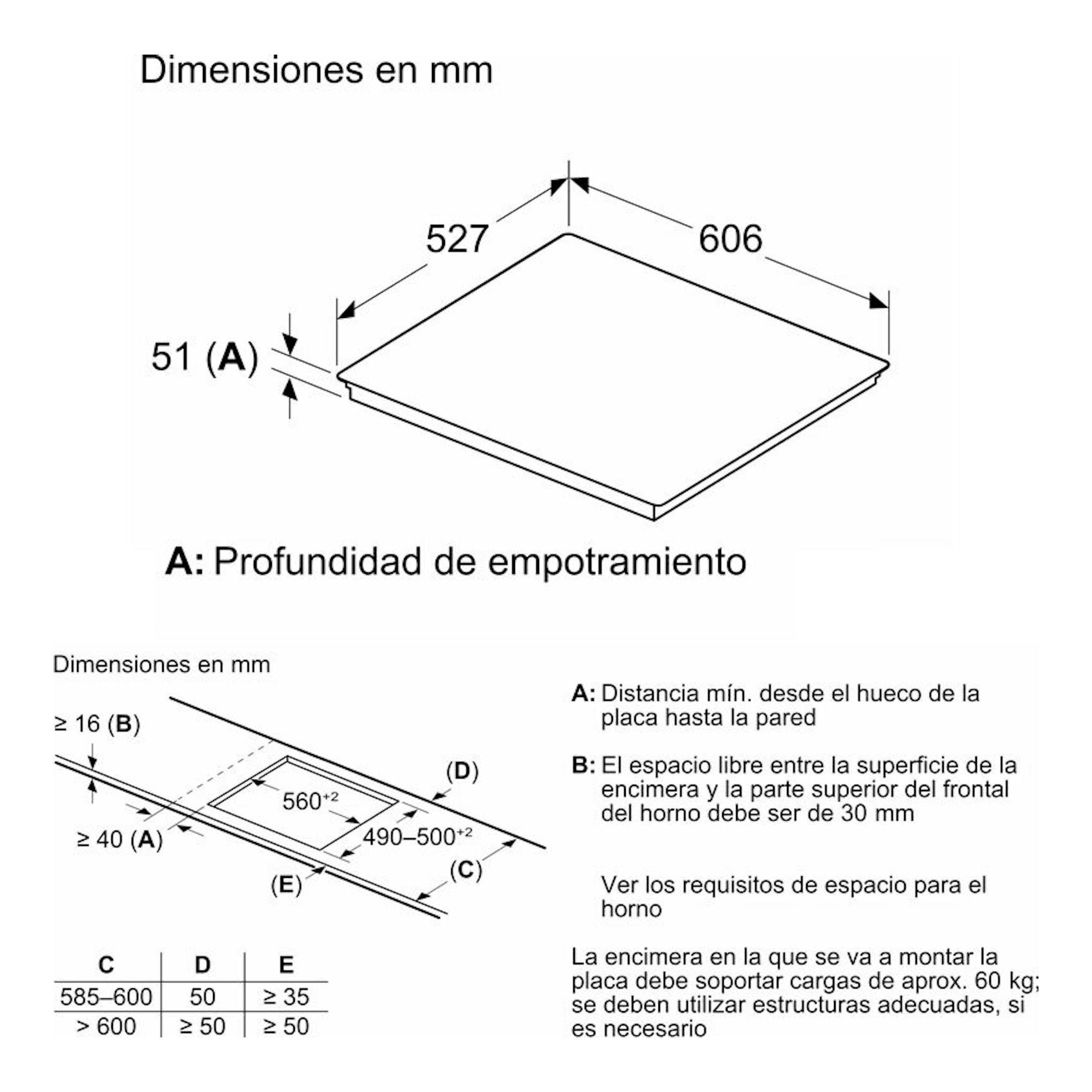 Diagrama técnico de placa de inducción Bosch PID675HC1E con medidas y esquema de empotramiento.