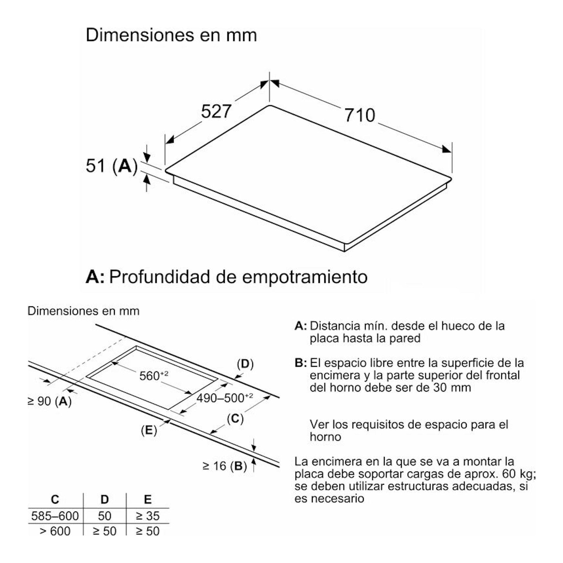 Esquema técnico en blanco y negro de la placa de inducción Bosch PID775HC1E, con medidas y hueco de empotramiento.