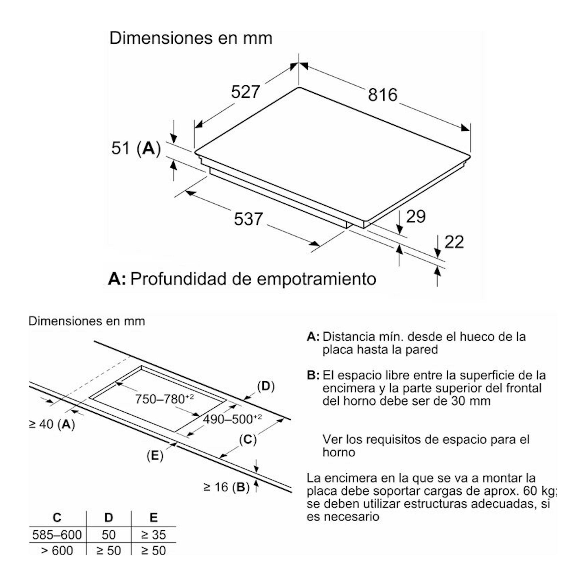 Bosch PIE875HC1E: esquema técnico de placa de inducción negra con medidas de encastre y hueco de instalación.