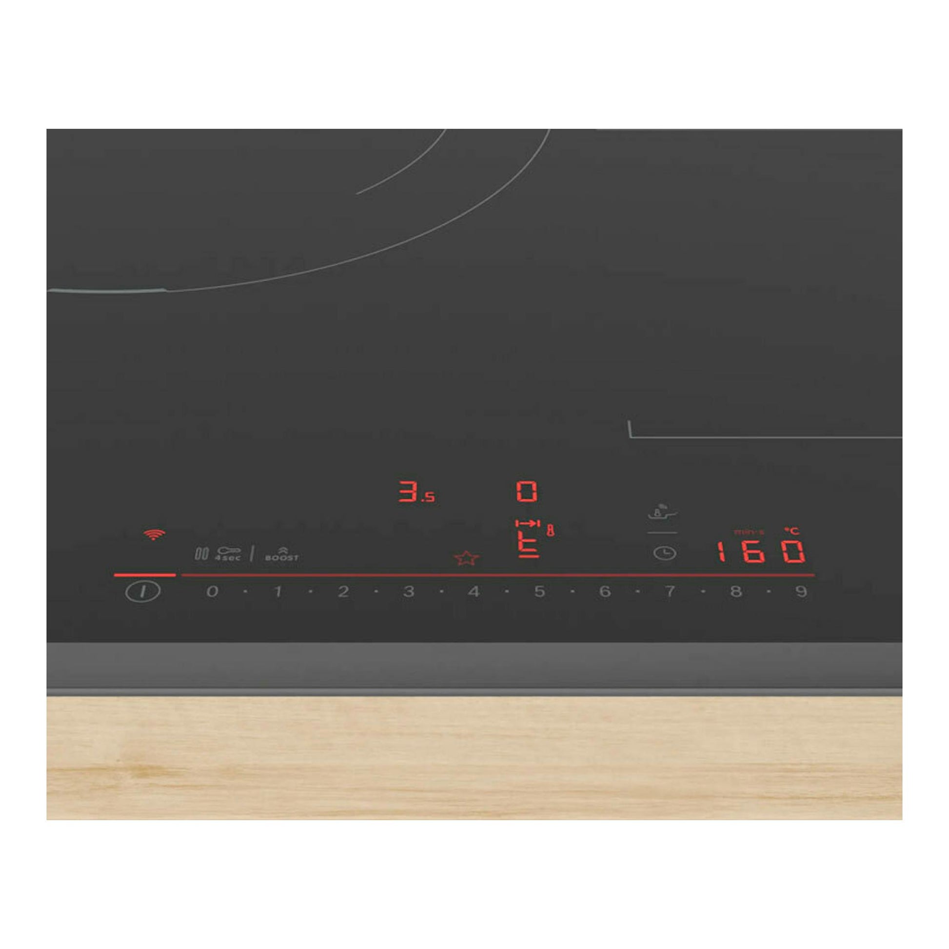 Placa de inducción Bosch PVJ631HC1E negra, vista superior, con mandos táctiles y display rojo.