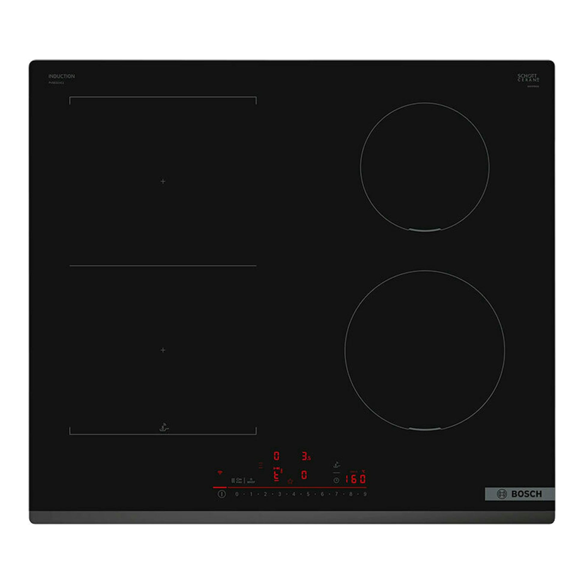 Placa de inducción Bosch PVS631HC1E negra, vista cenital, con dos zonas circulares y panel táctil inferior.