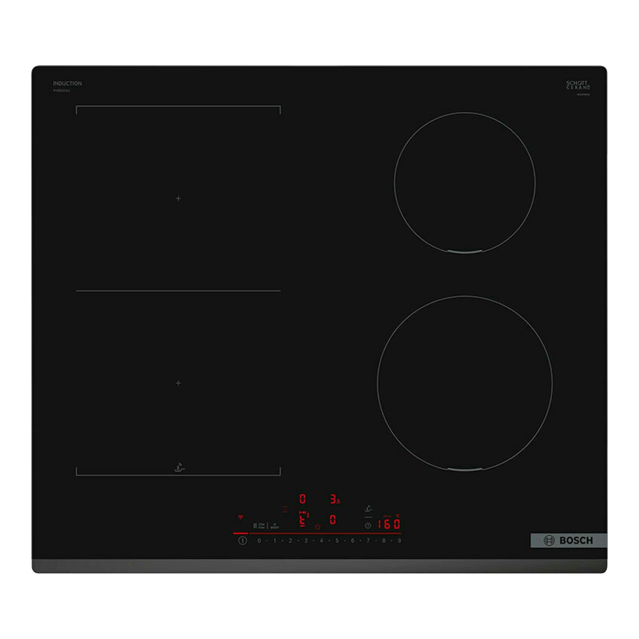 Placa de inducción Bosch PVS631HC1E negra, vista cenital, con dos zonas circulares y panel táctil inferior.
