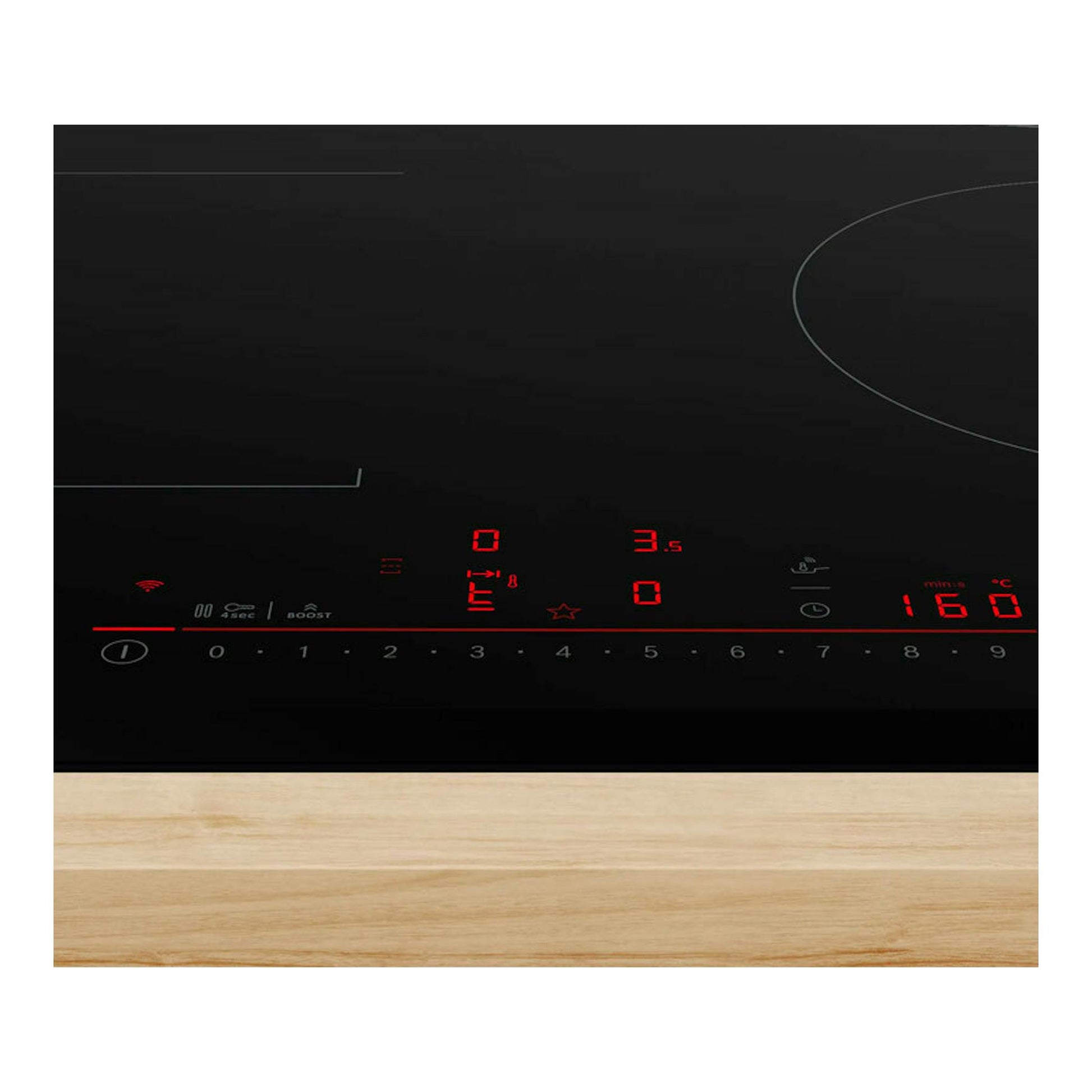Placa de inducción Bosch PVS631HC1E negra, vista frontal, con controles táctiles rojos iluminados.