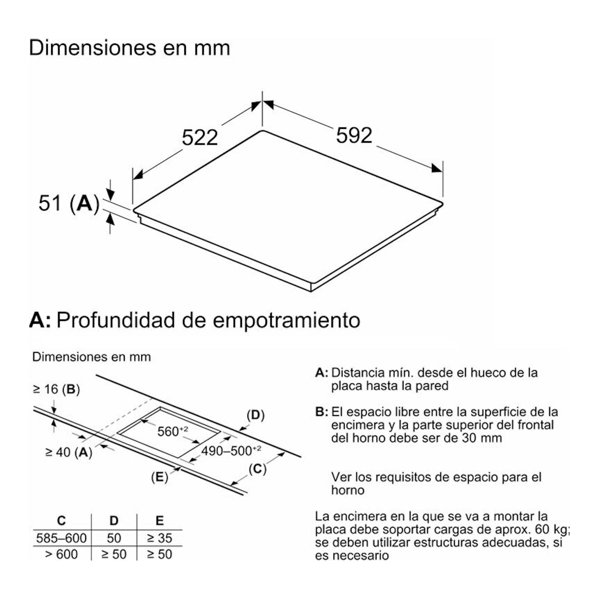 Bosch PXJ631HC2E: esquema técnico en blanco y negro de placa de inducción empotrable, vista isométrica con medidas.