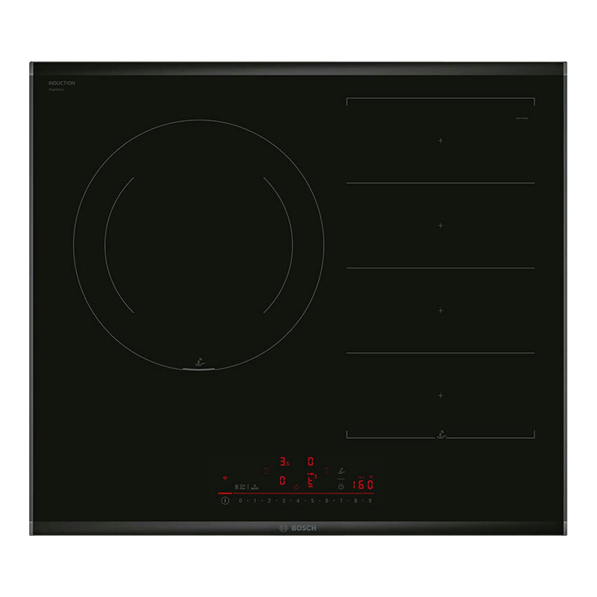 Placa de inducción Bosch PXJ675HC1E negra, vista frontal, con zonas de cocción y panel táctil iluminado.