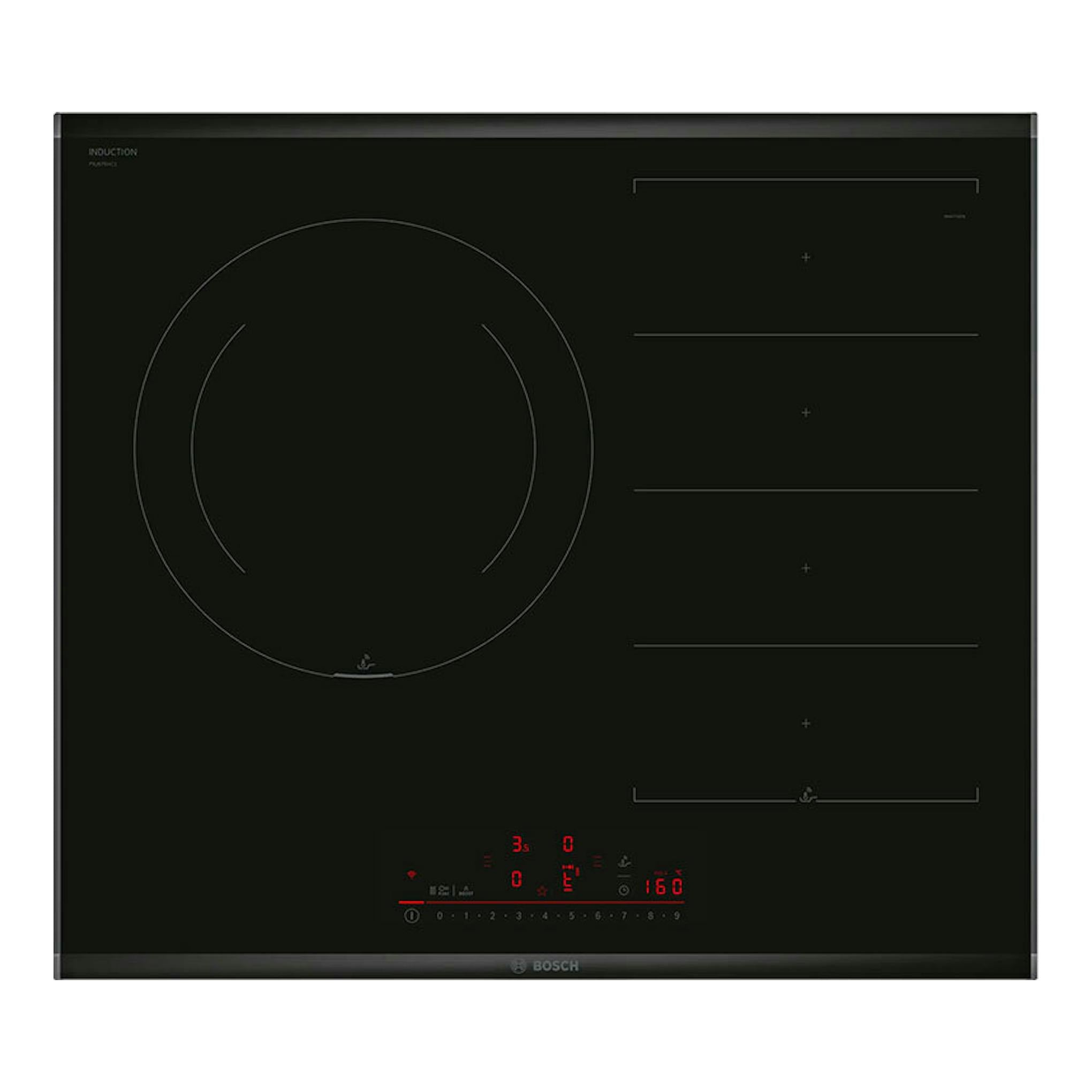 Placa de inducción Bosch PXJ675HC1E negra, vista frontal, con zonas de cocción y panel táctil iluminado.