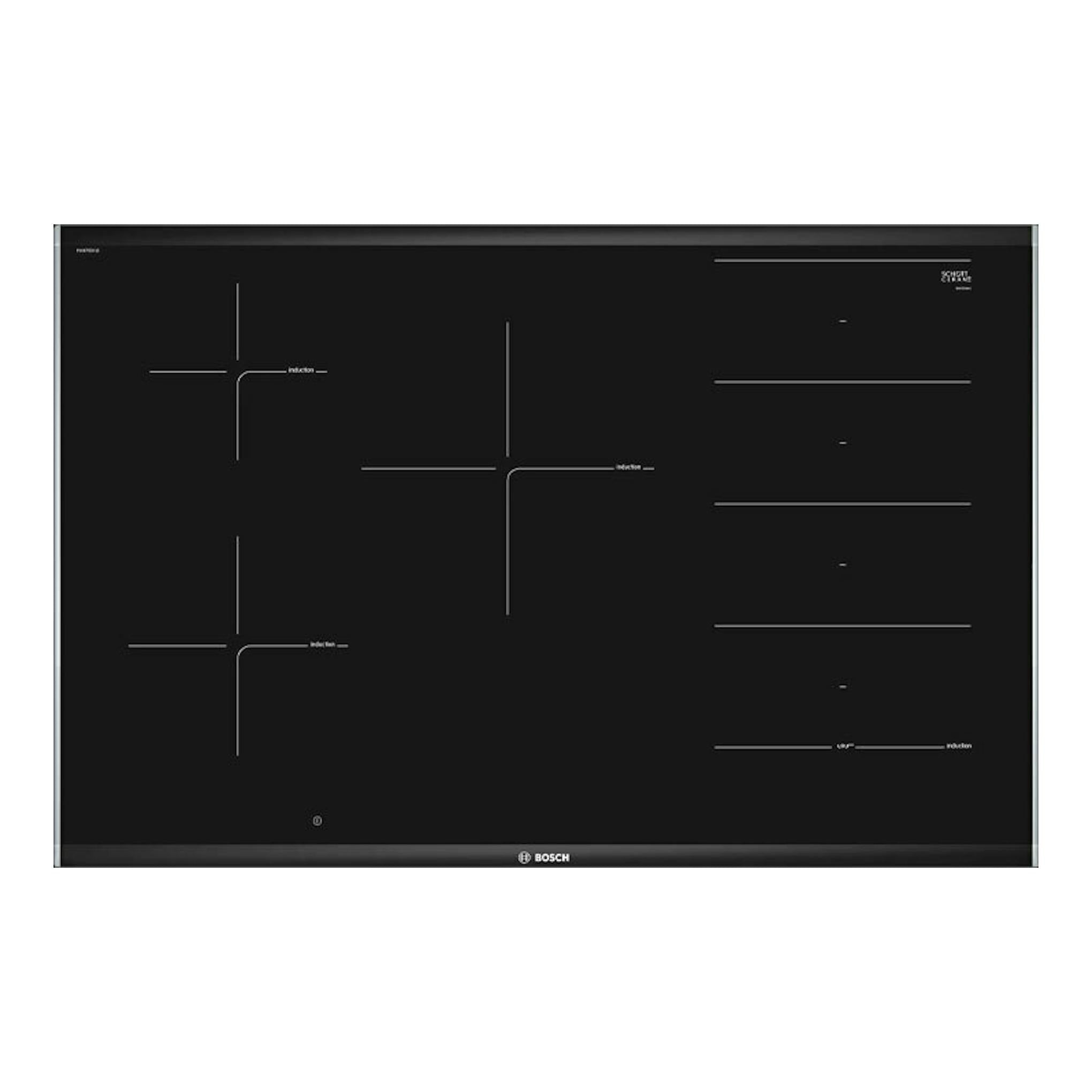 Placa de inducción Bosch PXV875DV1E negra, vista superior, con zonas de cocción marcadas.