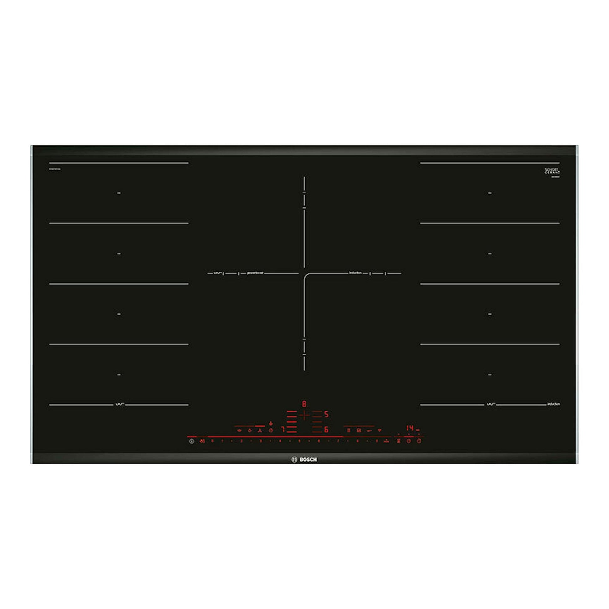 Placa de inducción Bosch PXV975DV1E negra, vista frontal superior, con mandos táctiles rojos.
