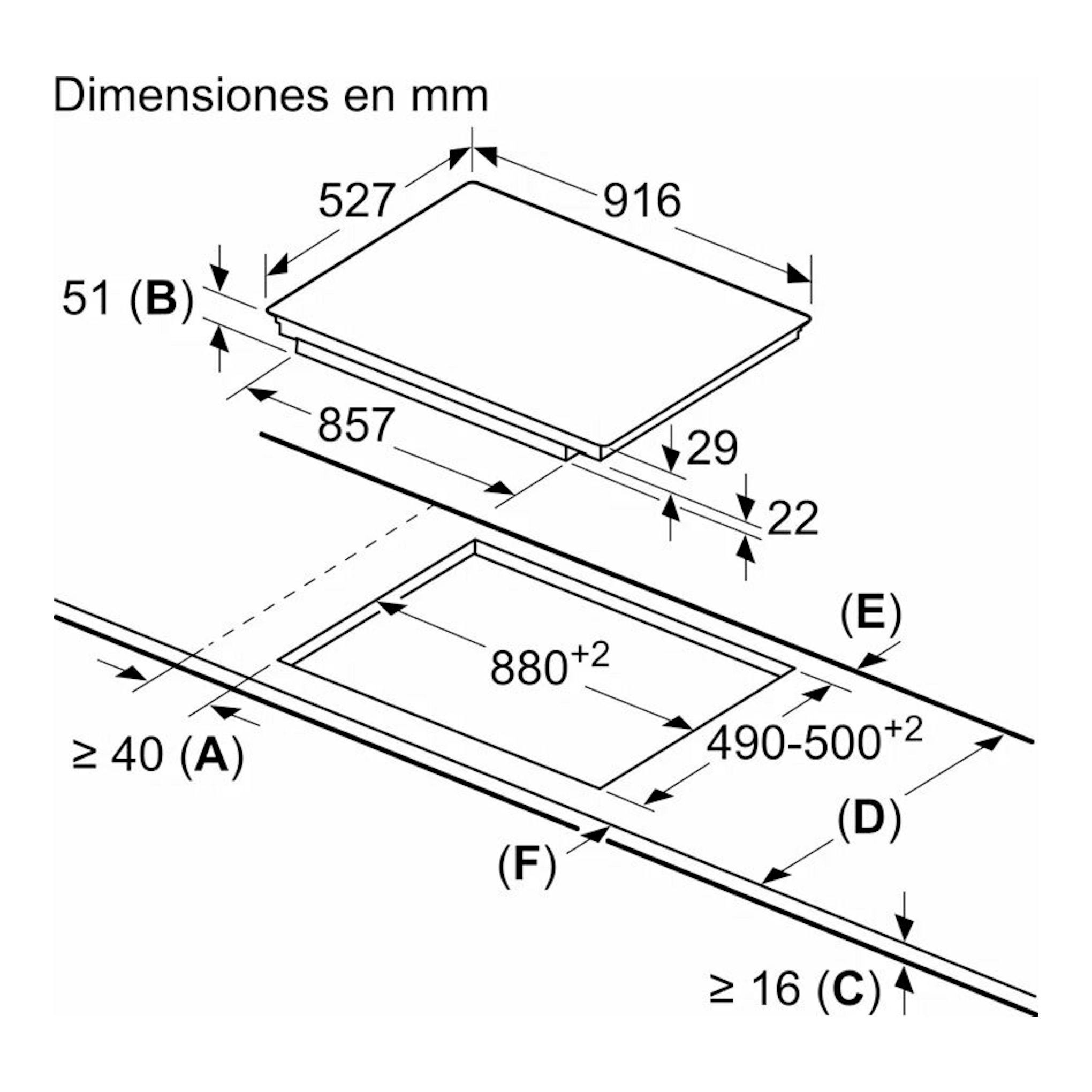 Bosch PXV975DV1E: esquema técnico de placa de inducción negra, vista superior e instalación, con medidas en mm.