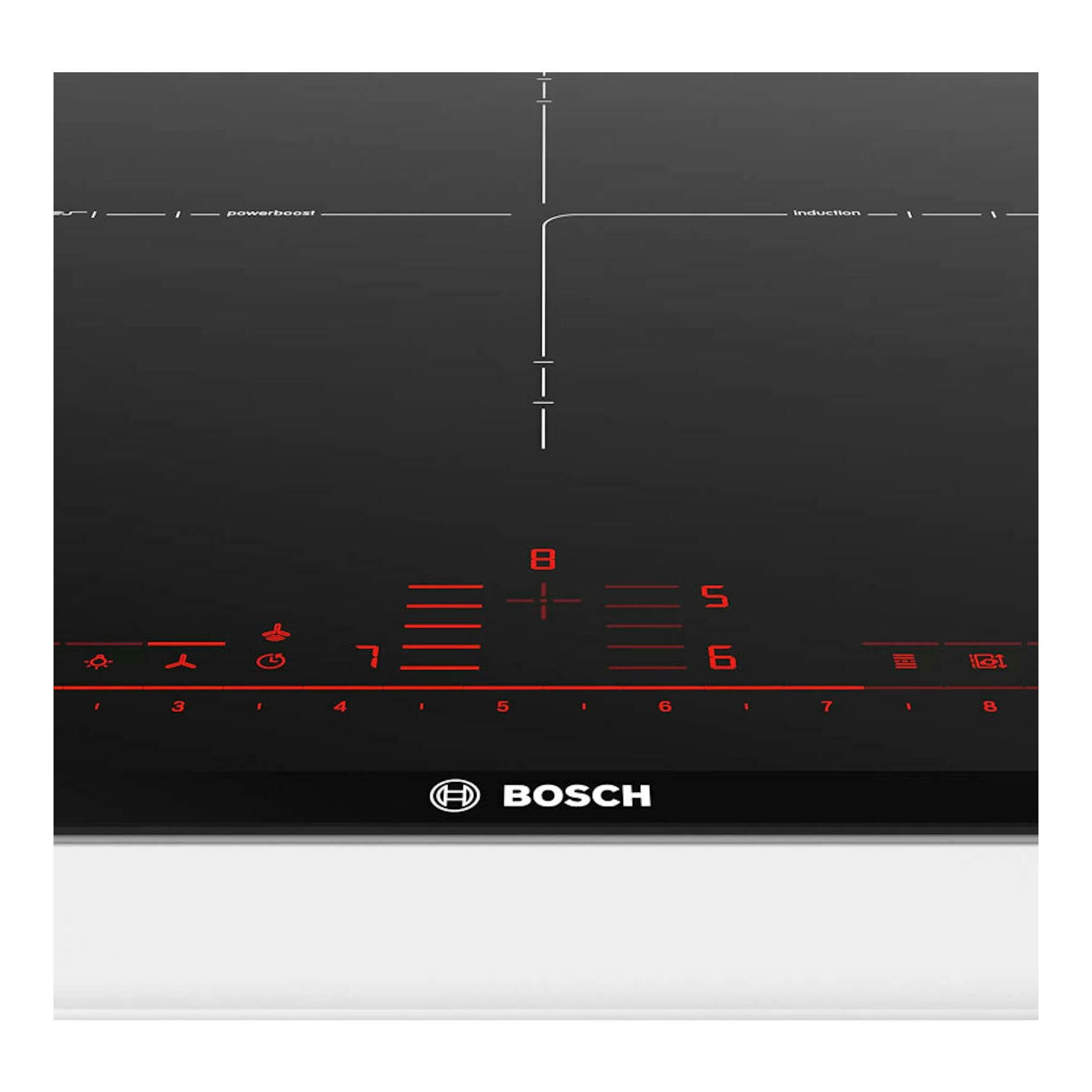 Placa de inducción Bosch PXV975DV1E negra, vista frontal con controles táctiles rojos.