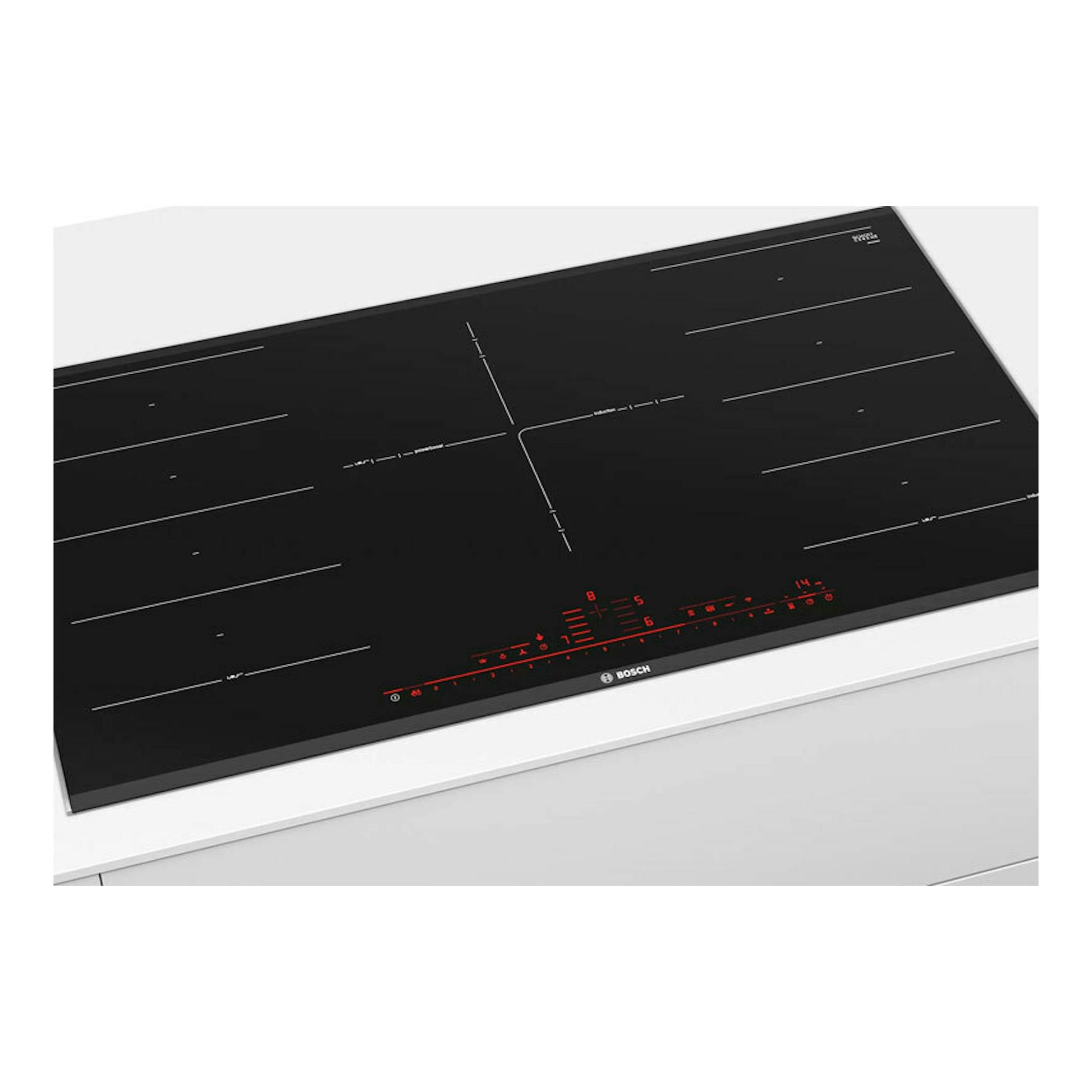 Placa de inducción Bosch PXV975DV1E negra, vista en perspectiva con controles táctiles rojos.
