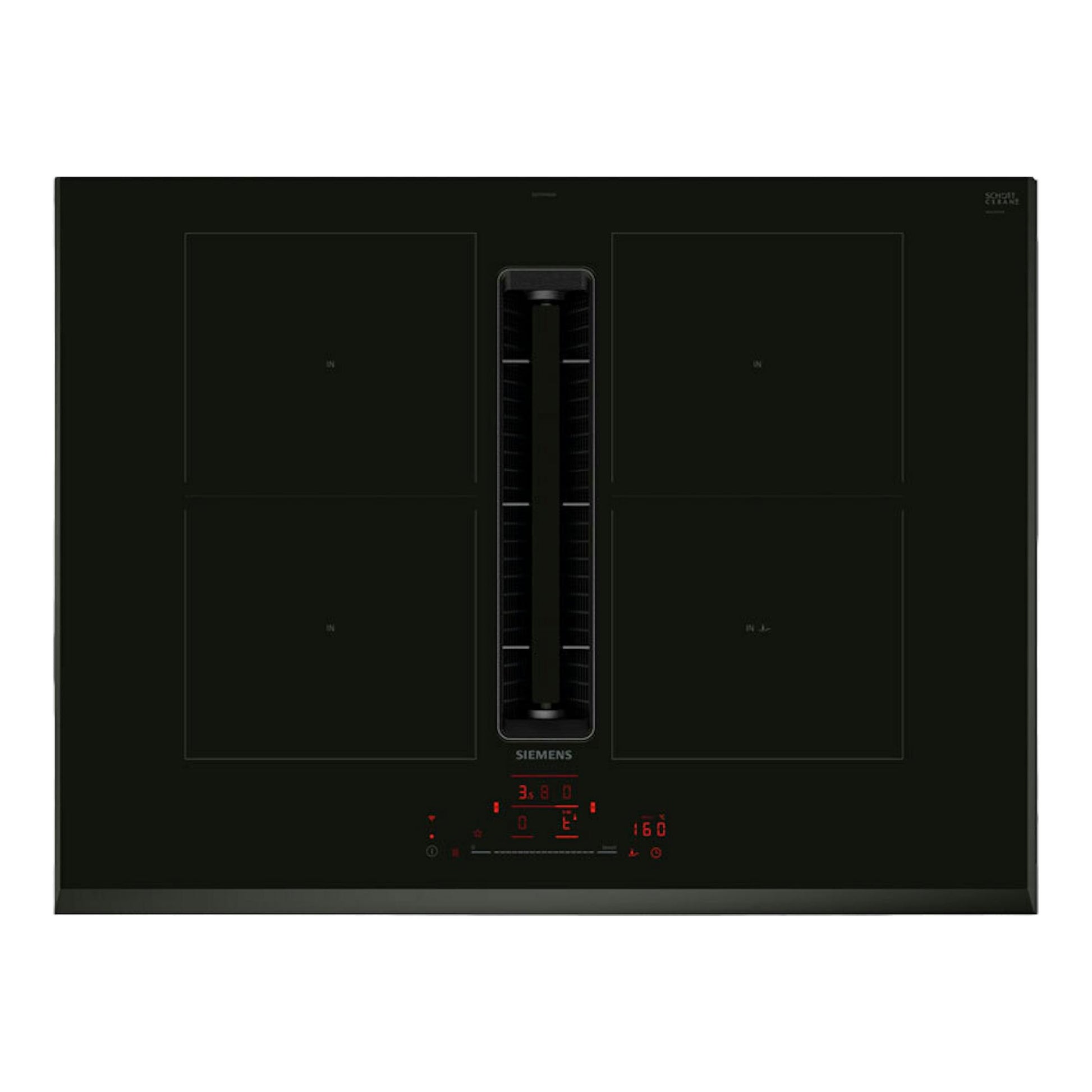 Placa de inducción Siemens ED751HQ26E negra de 70 cm, vista frontal, con campana integrada central.