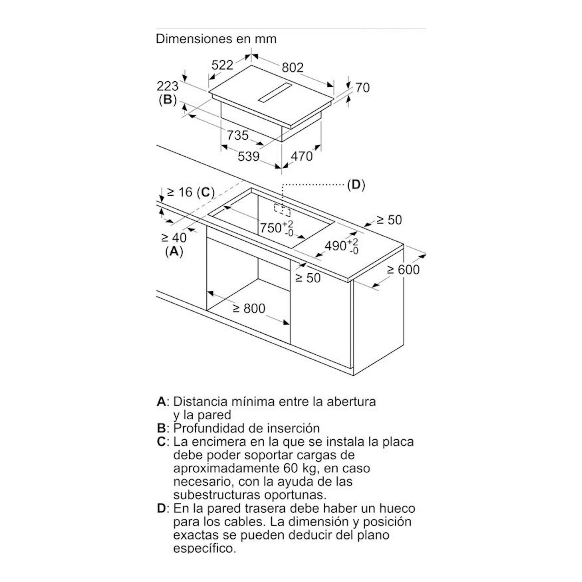 Diagrama isométrico de instalación de placa de inducción Siemens EX851HJ26E con medidas en mm.