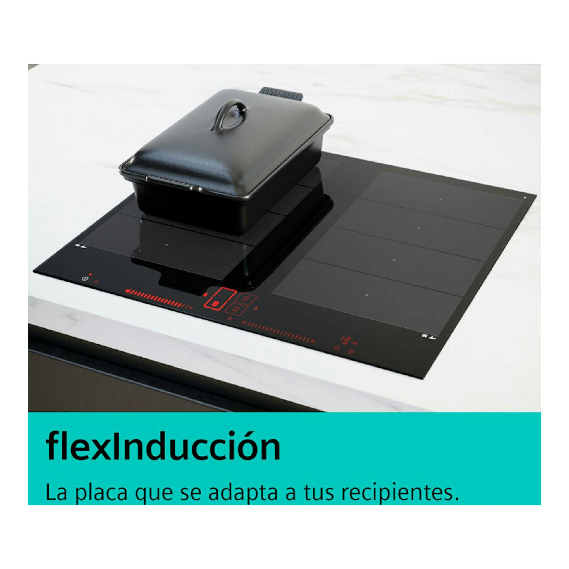 Placa de inducción Siemens EX851HJ26E negra, vista en ángulo, con recipiente negro sobre la zona central.