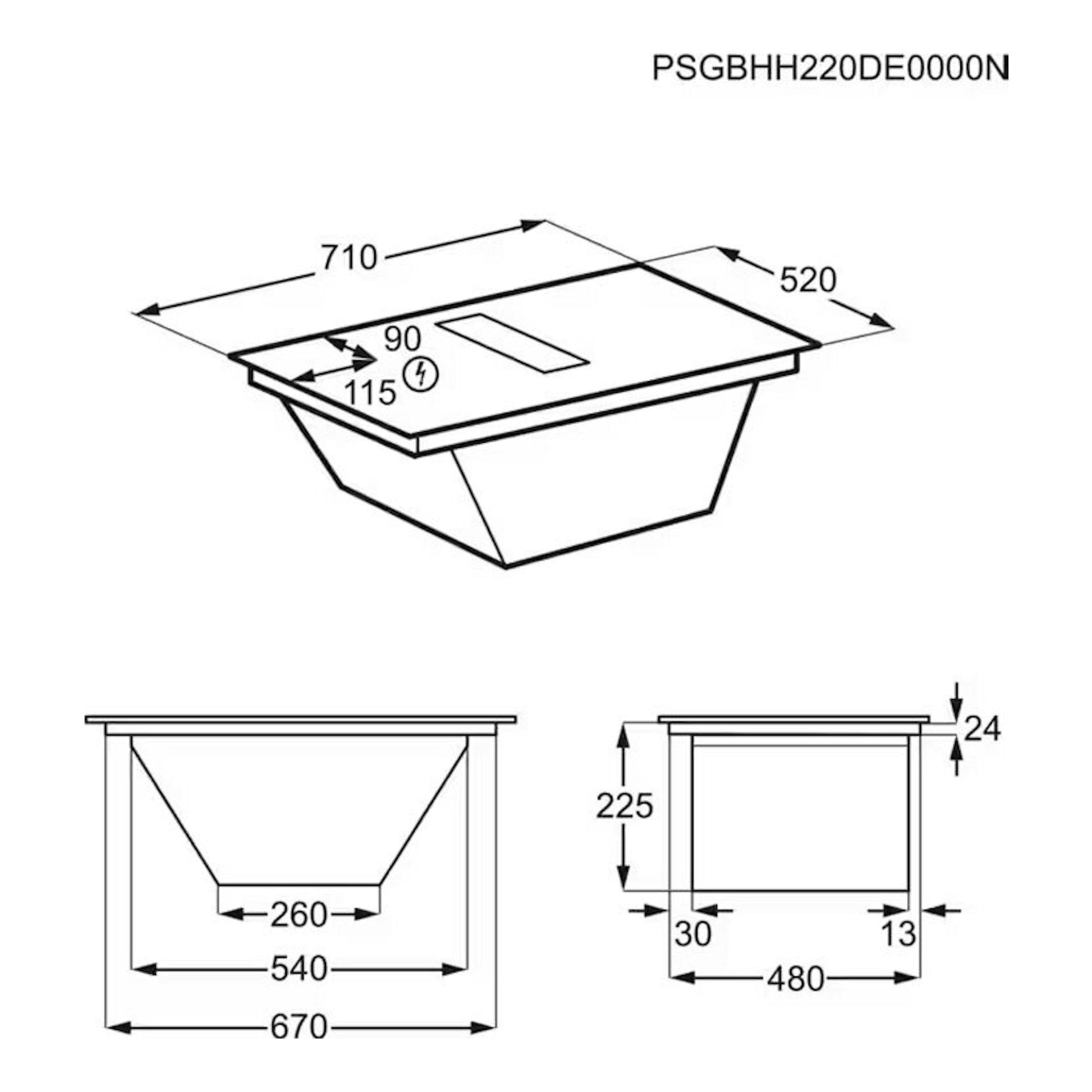 Diagrama técnico de placa de inducción AEG TCH74B01FB con extractor integrado, vistas superior y frontal, 710 x 520 mm.