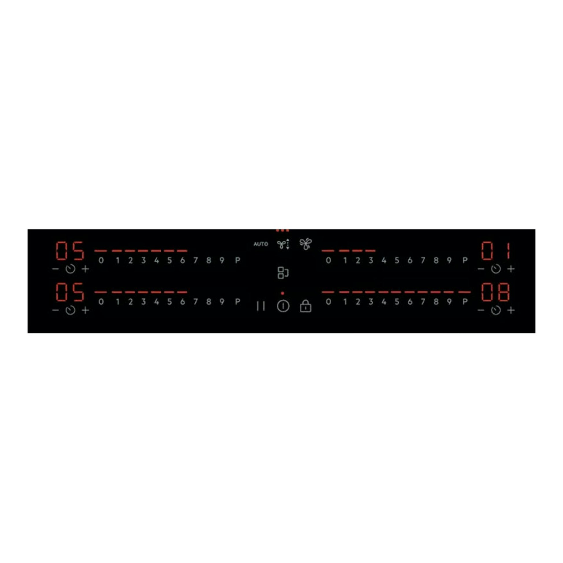 Vista frontal de panel táctil negro de placa de inducción AEG TCH74B01FB, con dígitos rojos.