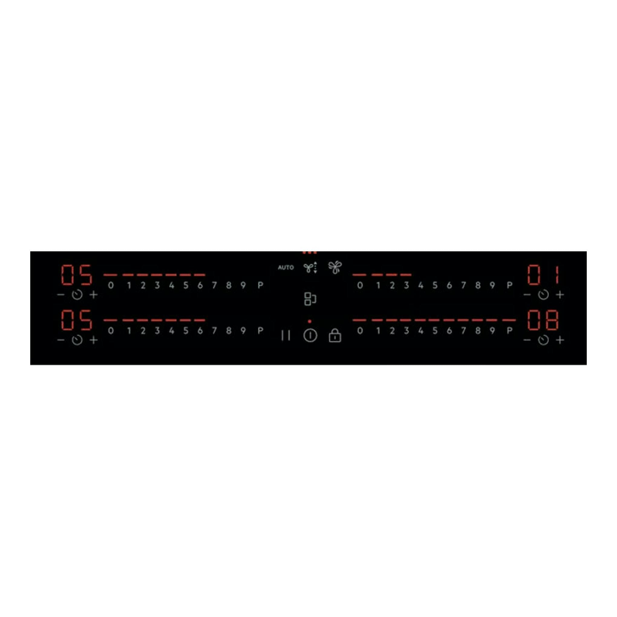Vista frontal de panel táctil negro de placa de inducción AEG TCH74B01FB, con dígitos rojos.