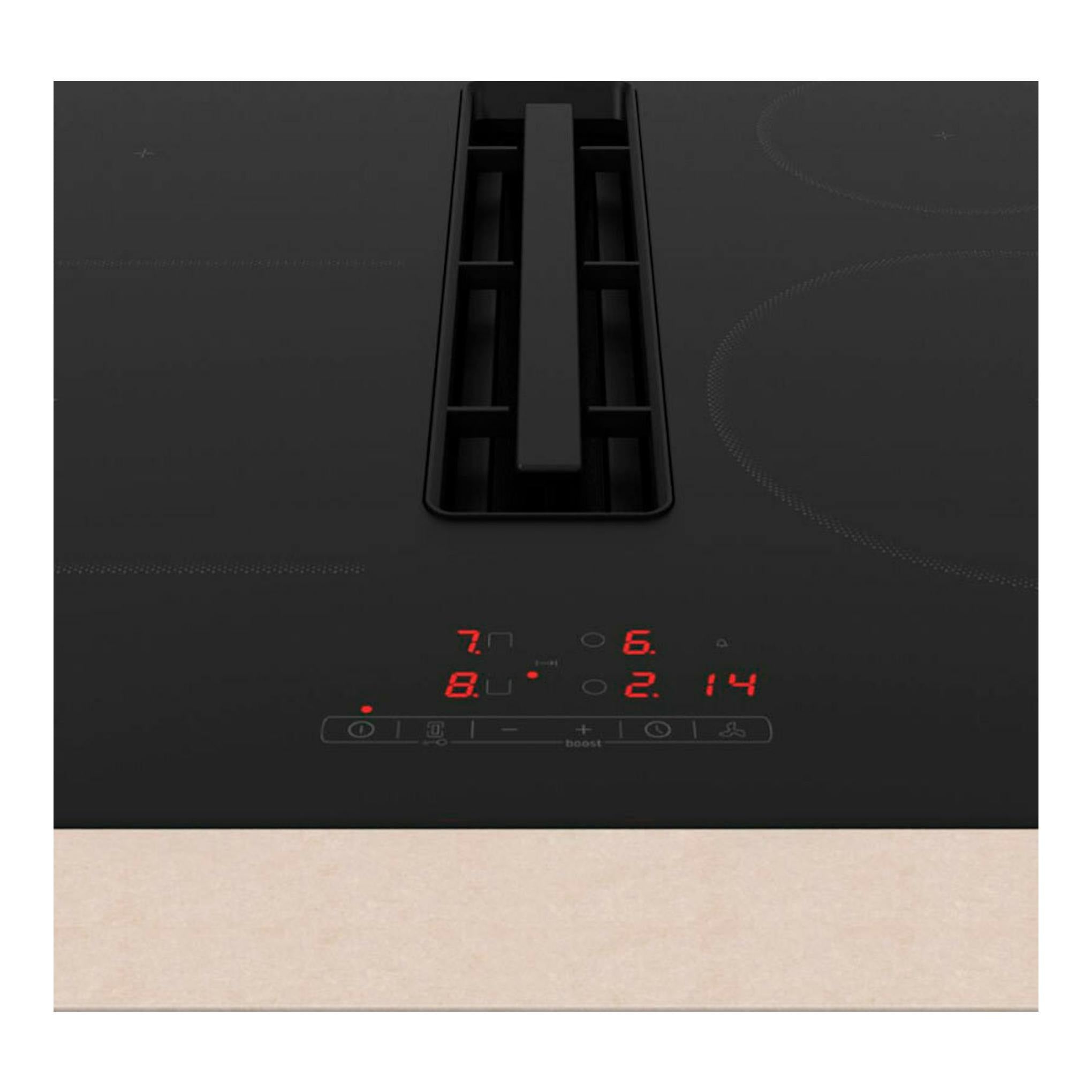Placa de inducción Balay 3EBC963ER negra, vista frontal, con extractor integrado y display rojo.
