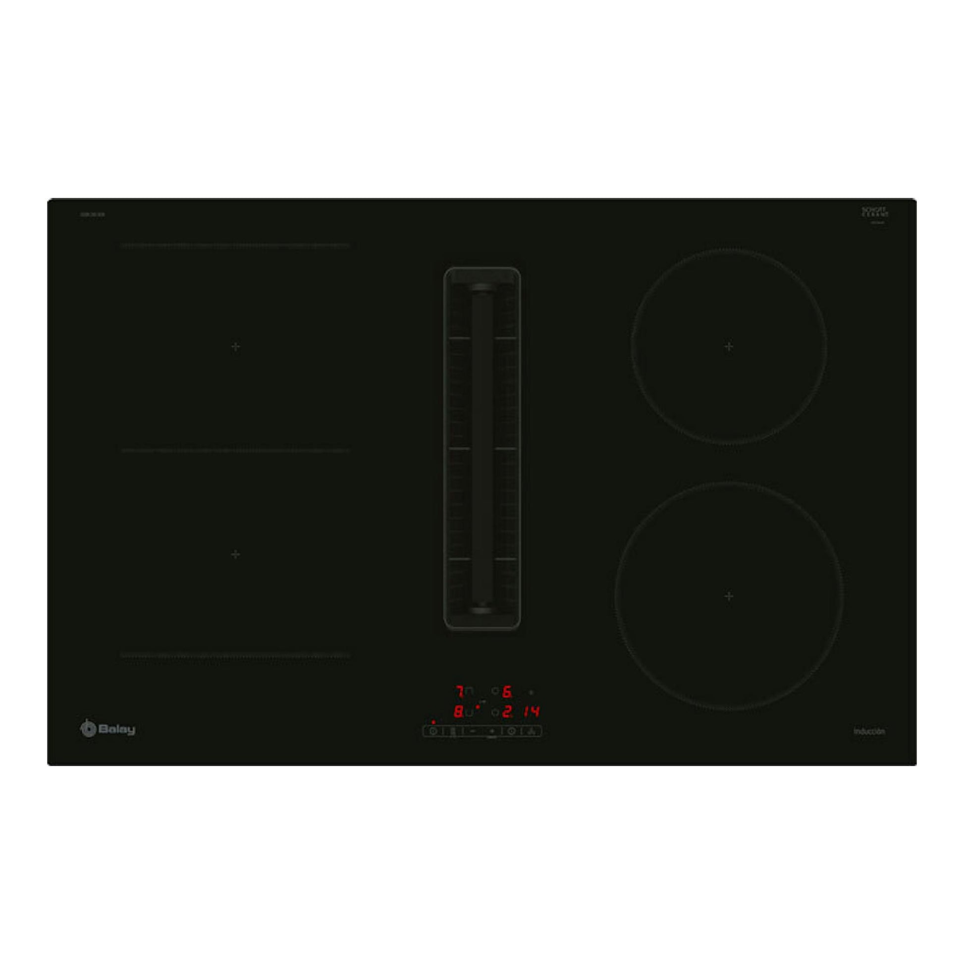 Placa de inducción Balay 3EBC983ER negra de 80 cm, vista frontal, con extractor integrado central.