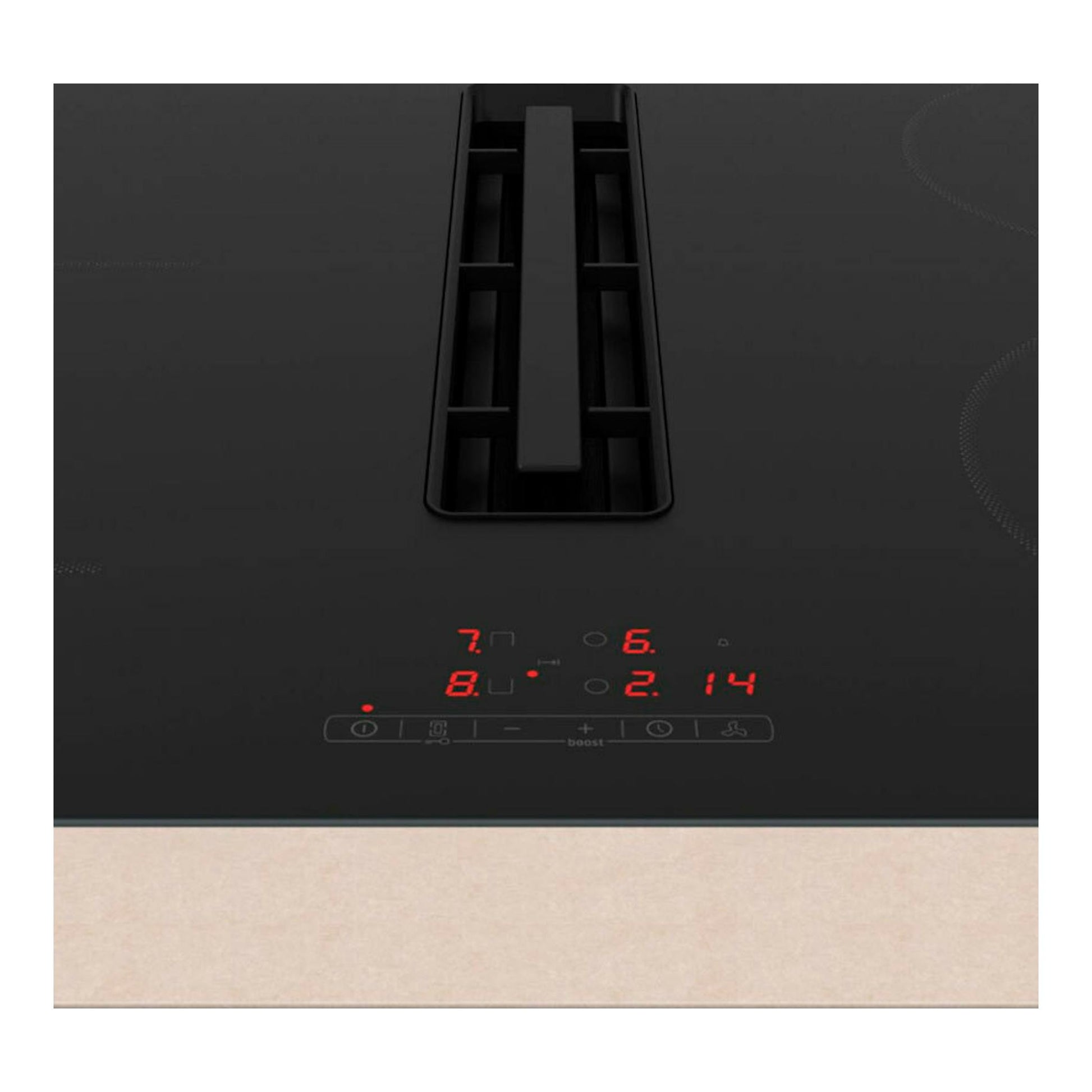 Placa de inducción Balay 3EBC983ER negra, vista superior, con extractor central y panel táctil rojo.