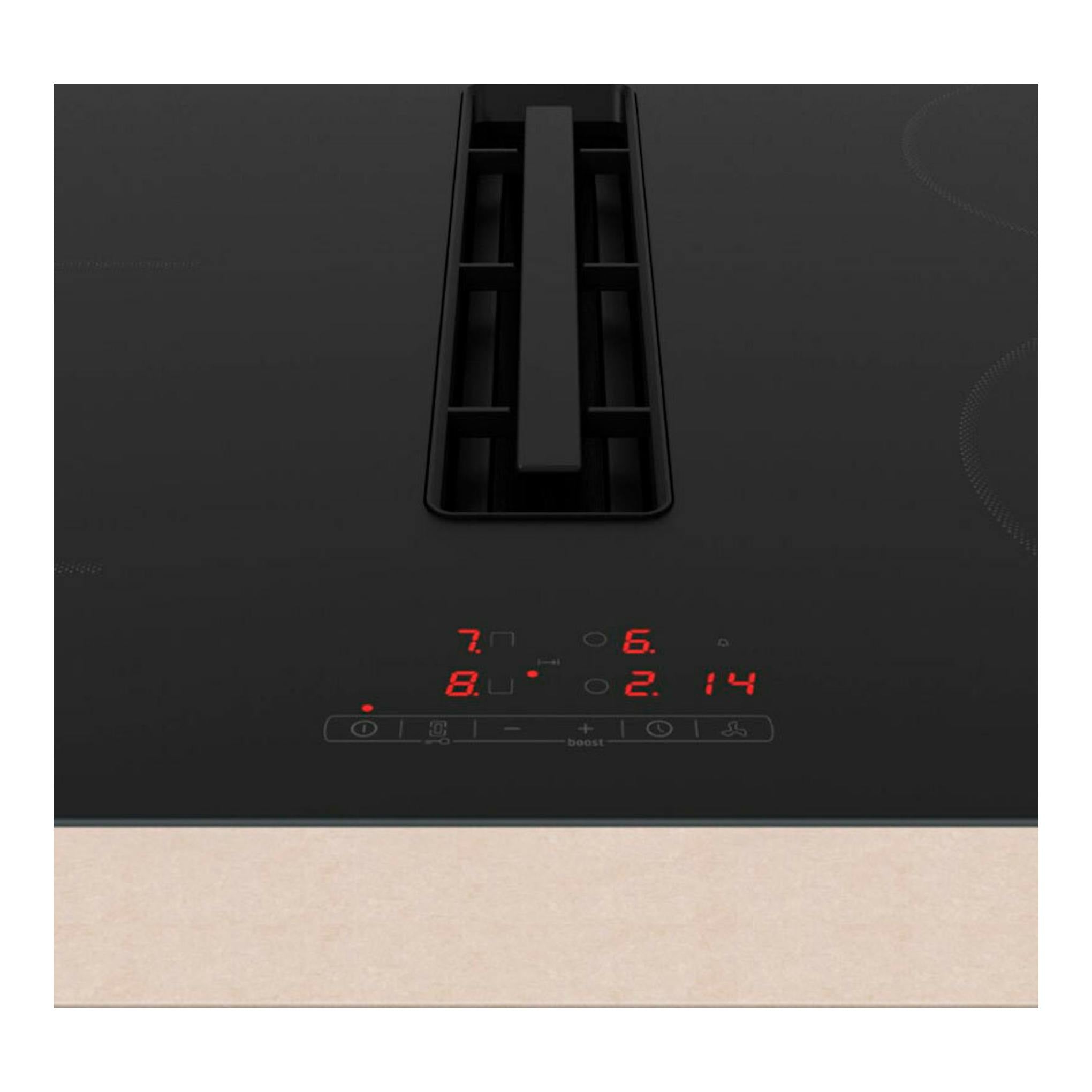 Placa de inducción Balay 3EBC983ER negra, vista superior, con extractor central y panel táctil rojo.
