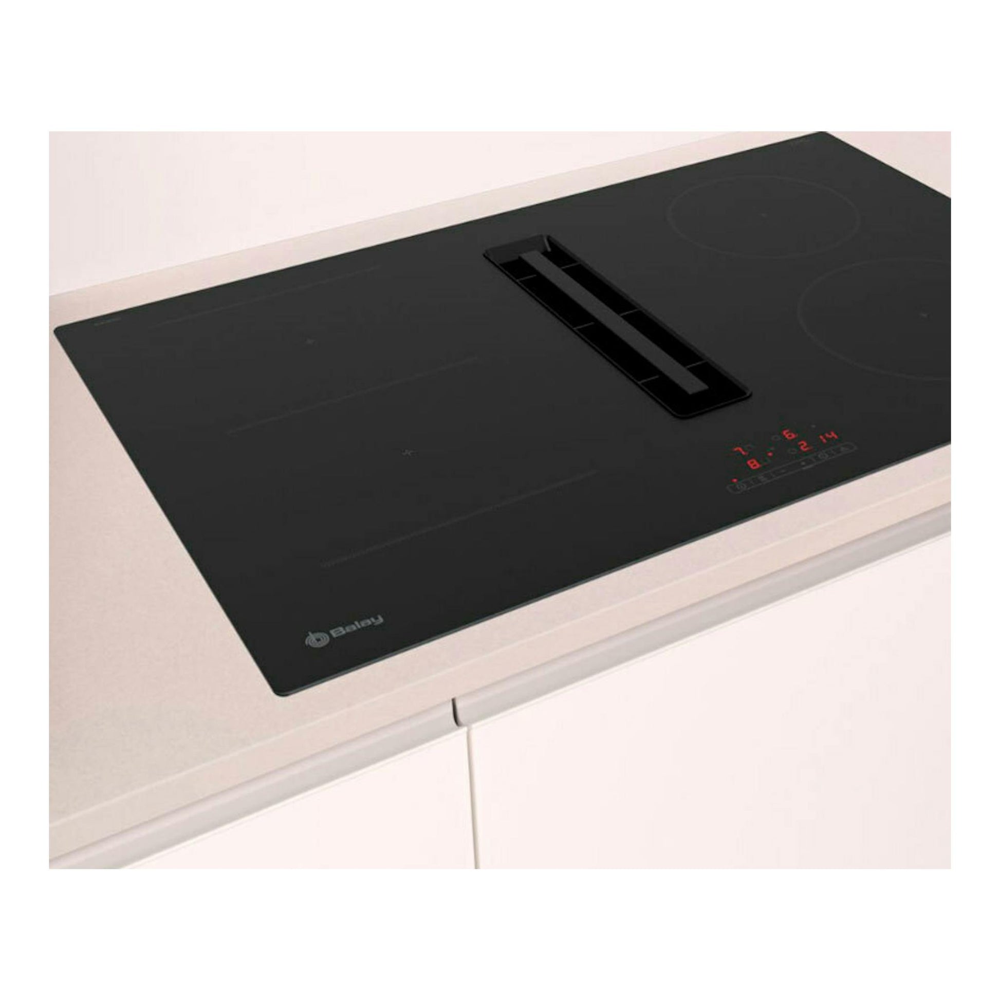 Placa de inducción Balay 3EBC983ER negra con extractor integrado, vista superior inclinada.