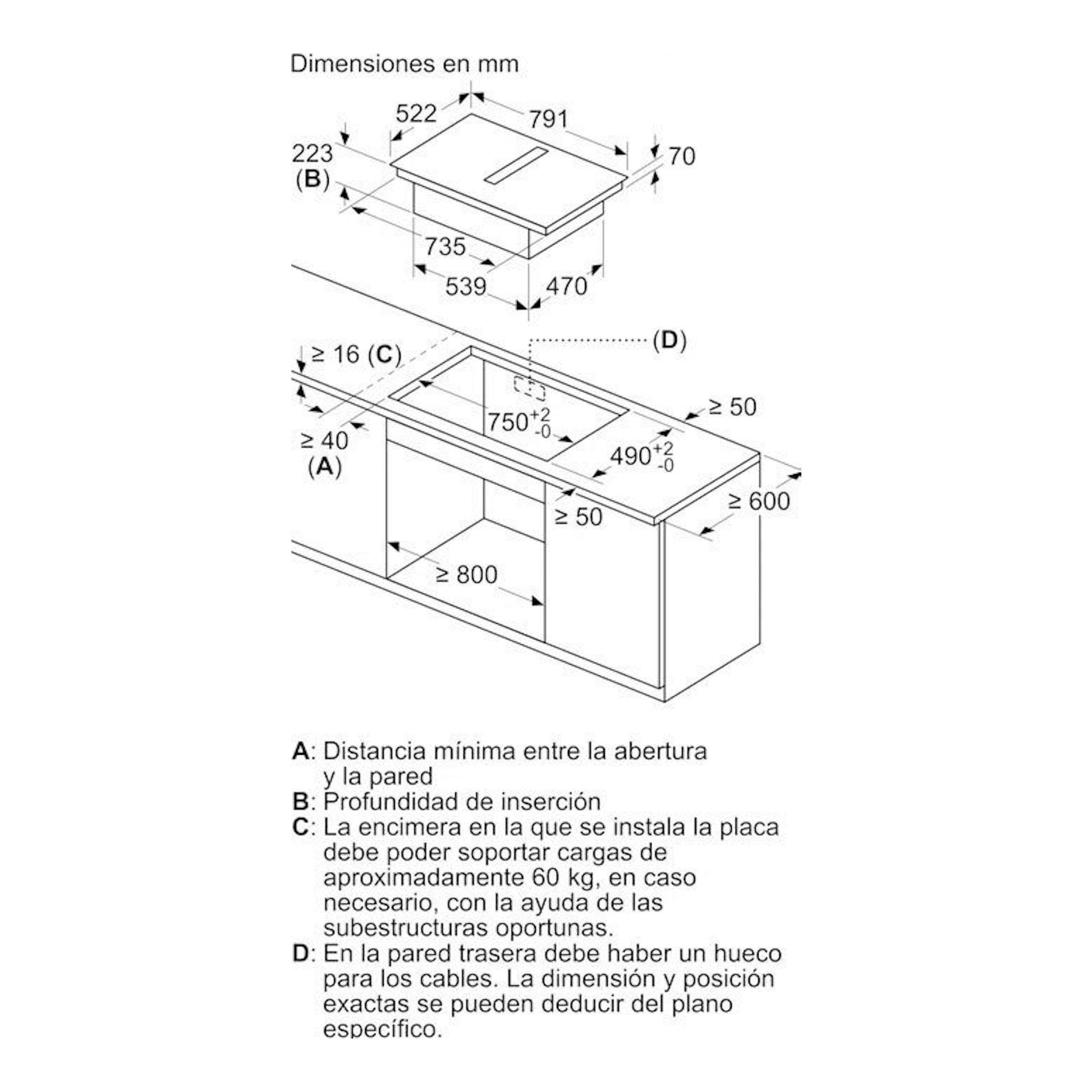 Balay 3EBC989LH: plano de medidas de placa de inducción con extractor integrado, vista superior e isométrica.