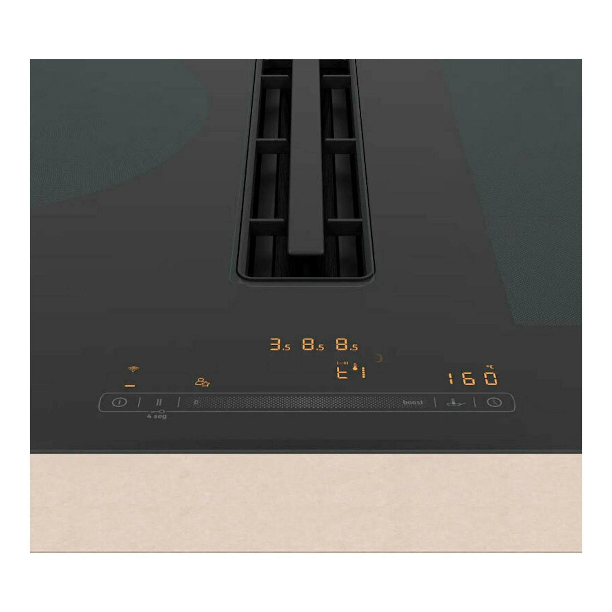 Placa de inducción Balay 3EBC989LH negra con extractor integrado central, vista frontal superior.